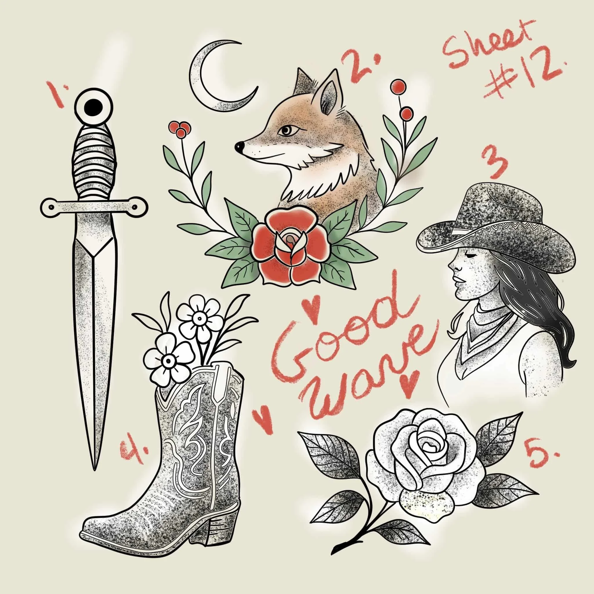 Tattoo-style illustration with a sword, a cowboy boot with flowers, a wolf's head with floral and moon motifs, a woman wearing a cowboy hat, and roses.
