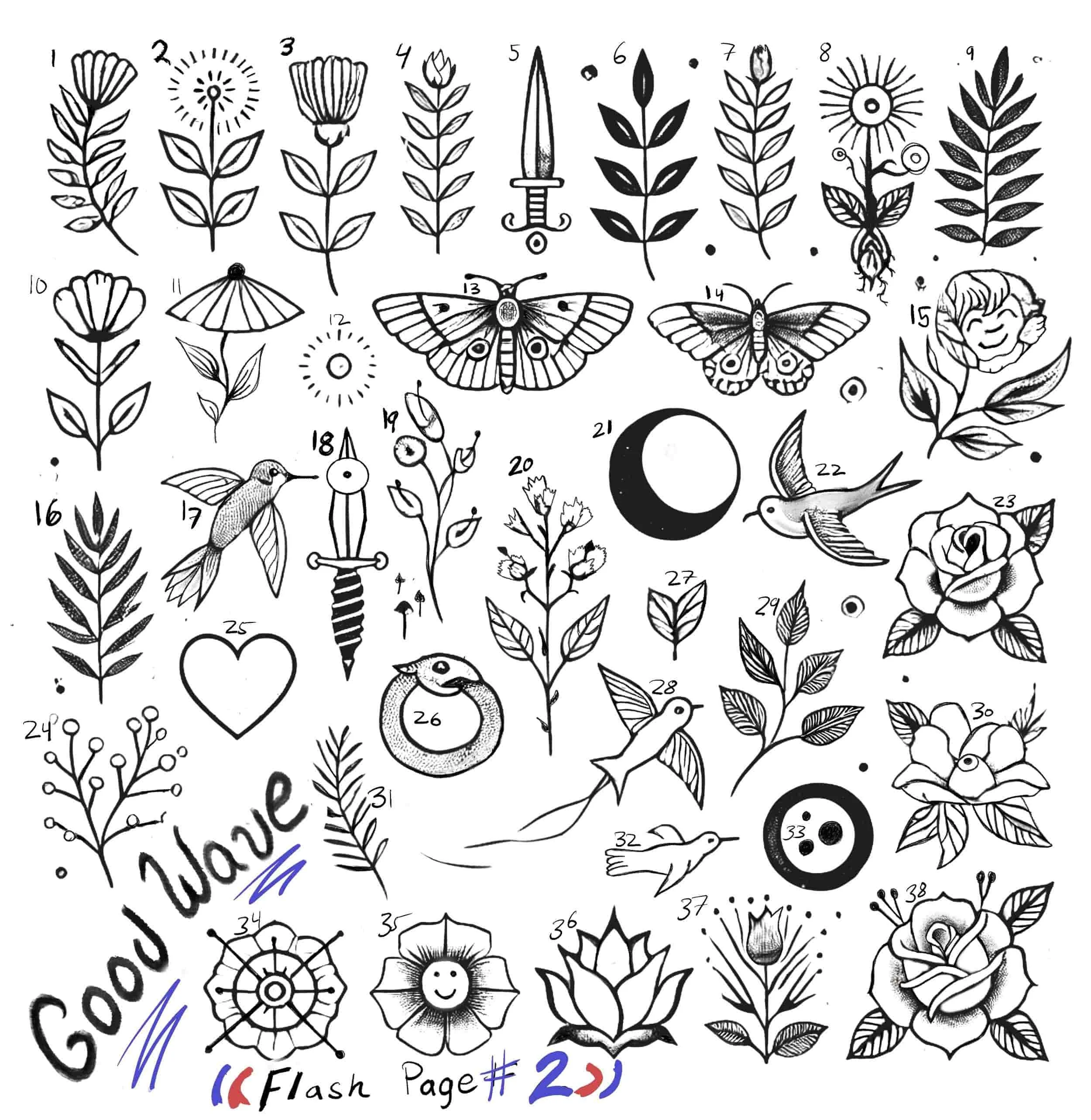 A collection of black and white tattoo-style drawings of flowers, insects, hummingbirds, the moon,