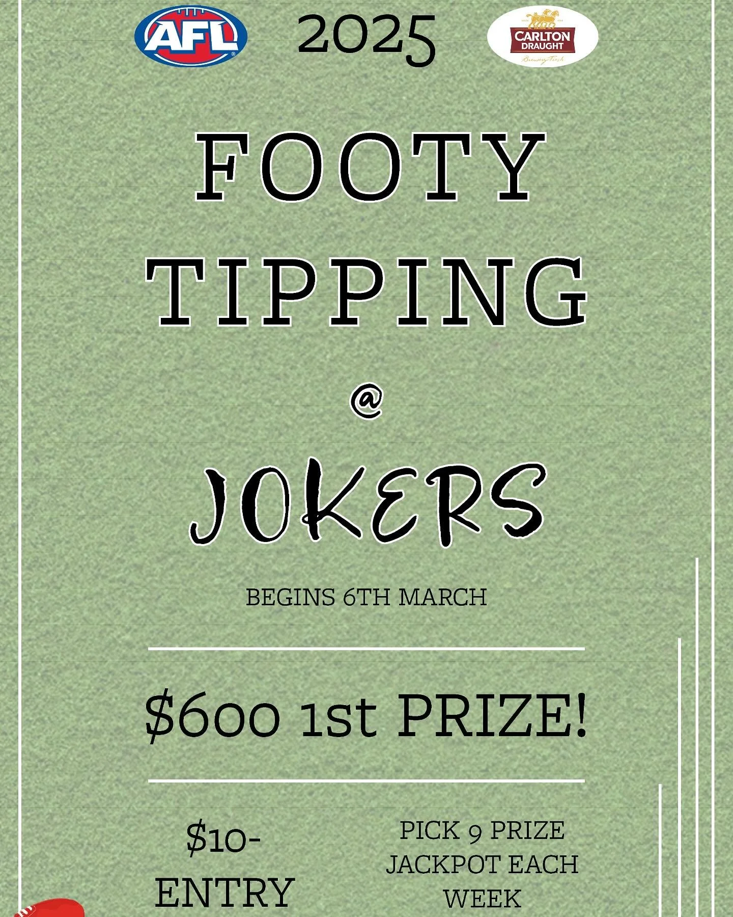 AFL season is back and it&rsquo;s time for footy tipping to start up once more! See Jokers staff for more details and to enter, with chances to win prizes! 

#jokers #jokersonryrie #jokersgeelong #pubsgeelong #barsgeelong #dinnergeelong #mealsgeelong