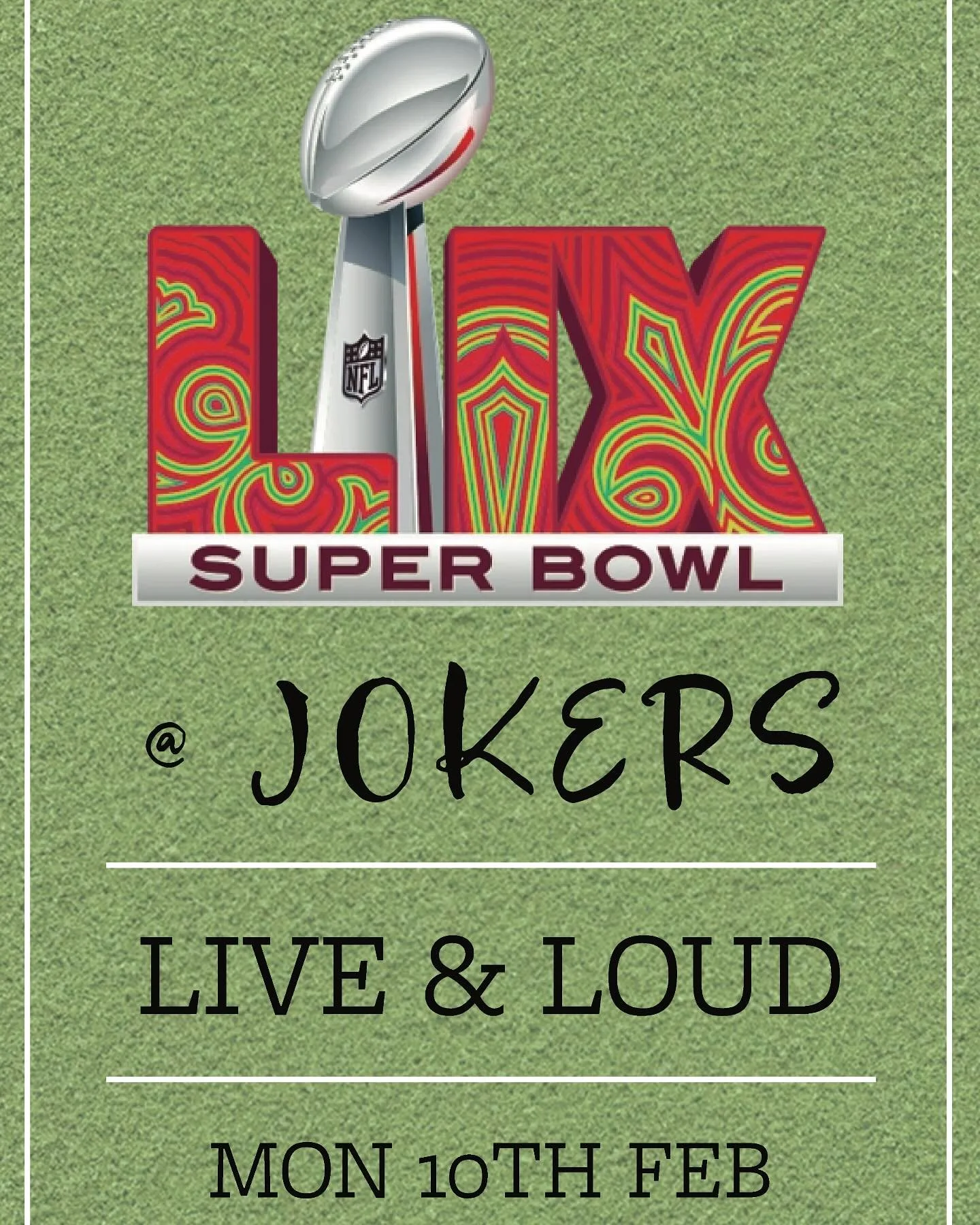 Don&rsquo;t miss out on watching this years Superbowl! Come down to Jokers on the 10th of February to relax with some food and drinks in front of one of our many TV screens to enjoy the event!

#jokers #jokersonryrie #jokersgeelong #pubsgeelong #bars