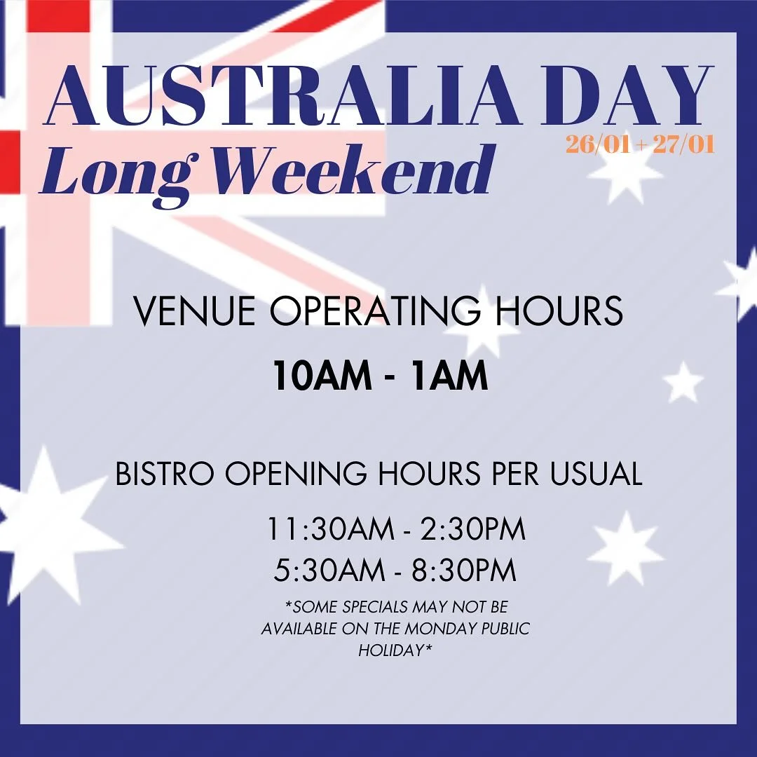 Celebrate Australia Day down at Jokers! Our opening times remain as usual for both the Sunday and the Monday public holiday. 

#jokers #jokersonryrie #jokersgeelong #pubsgeelong #barsgeelong #dinnergeelong #mealsgeelong #lunchgeelong #australiaday