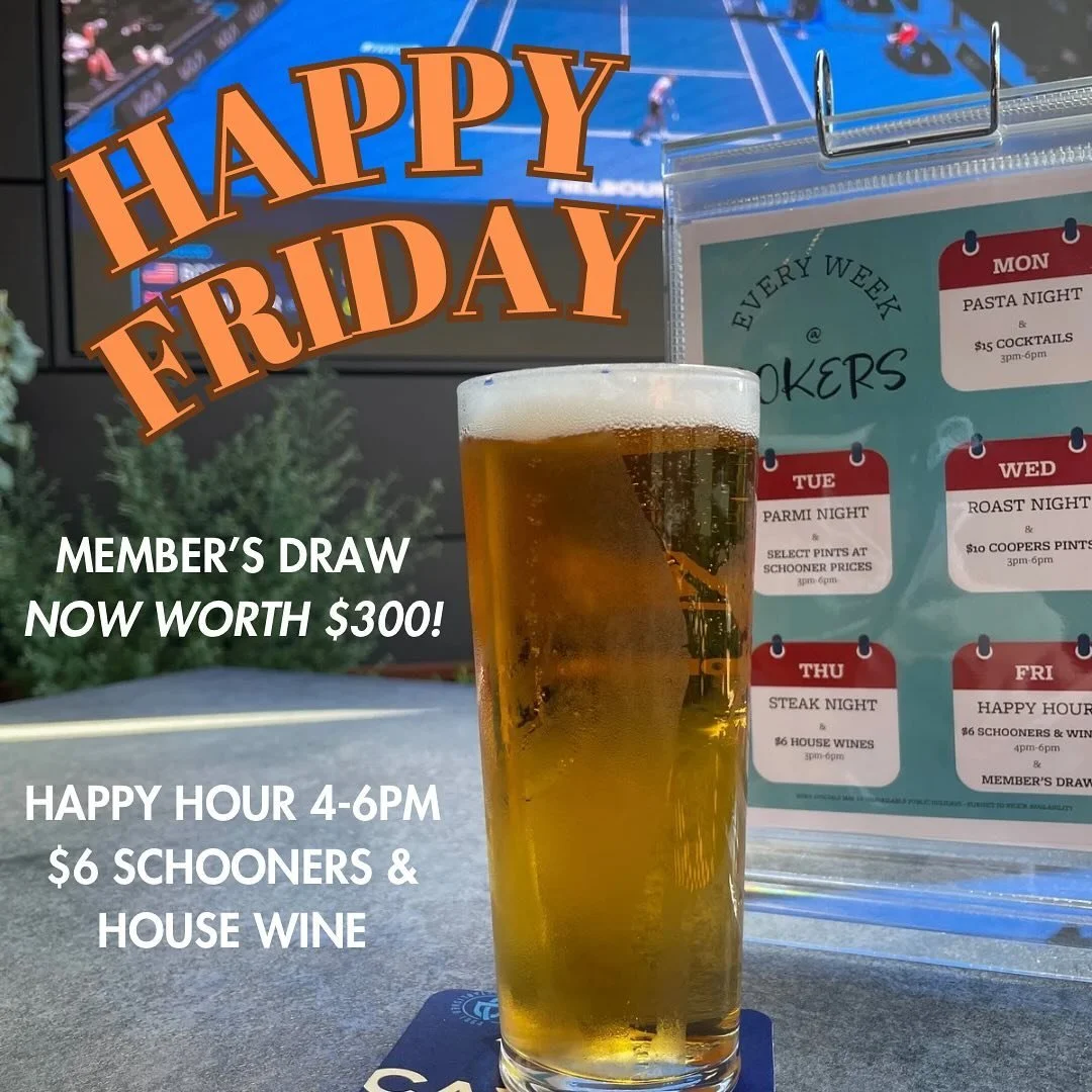 Our member&rsquo;s draw and happy hour reminder for tomorrow! 

The member&rsquo;s draw is currently worth $300, if you&rsquo;re a member don&rsquo;t forget to pop in to check if you&rsquo;ve won this grand prize! 
Want to become a Jokers member? Tal