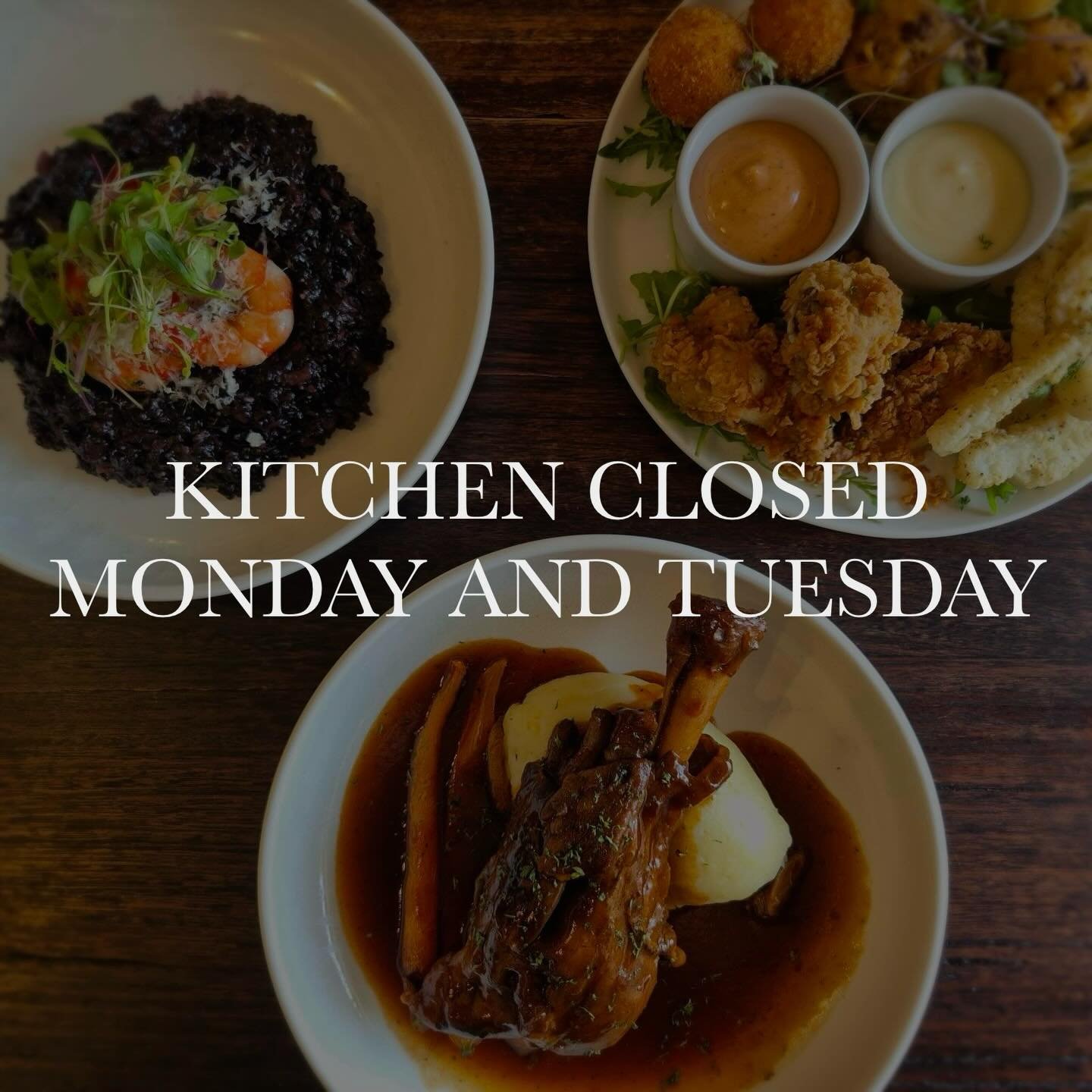 Starting May 4th the kitchen will be closed on Monday&rsquo;s and Tuesday&rsquo;s

Themed nights include:
&bull; Wednesday - Parmi Night
&bull; Thursday - Steak Night 
&bull; Sunday - All day Roast