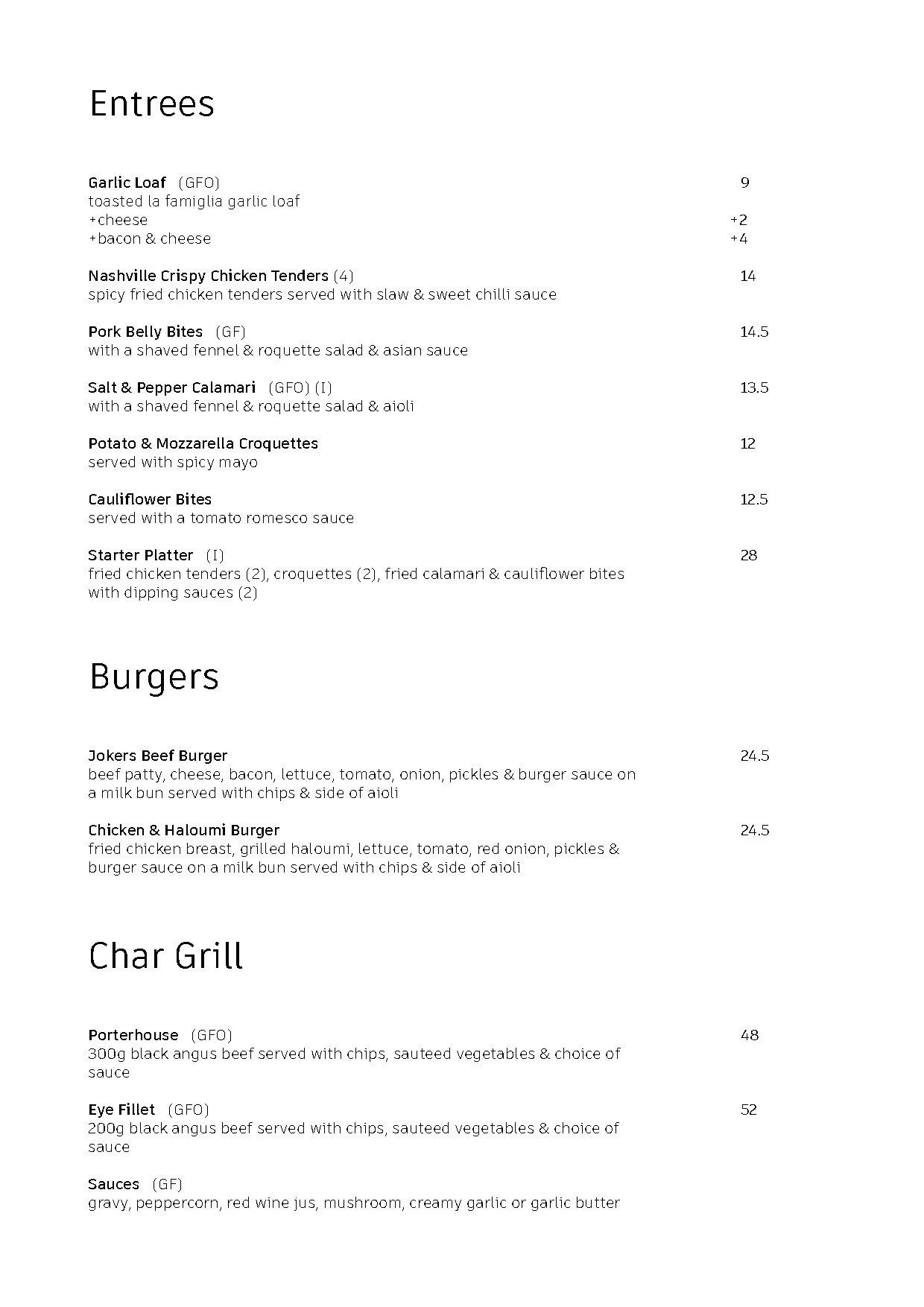 A menu listing various food entrees and burgers, including garlic loaf, crispy chicken tenders, pork belly bites, calamari, cauliflower bites, chicken and haloumi burger, porterhouse steak, eye fillet, and sauces.
