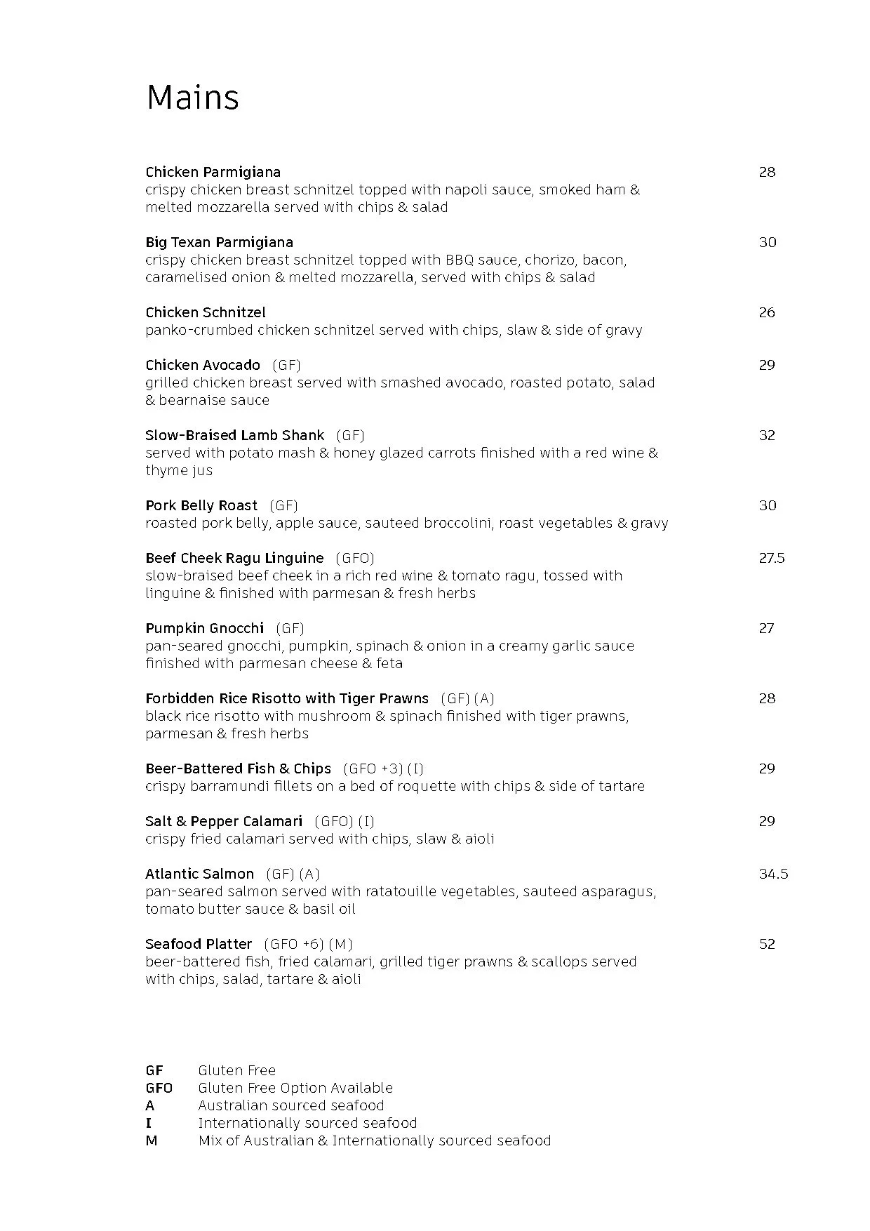 Menu page showing main dishes with names, descriptions, and prices, including chicken parmigiana, beef lasagna, seafood platter, and more.