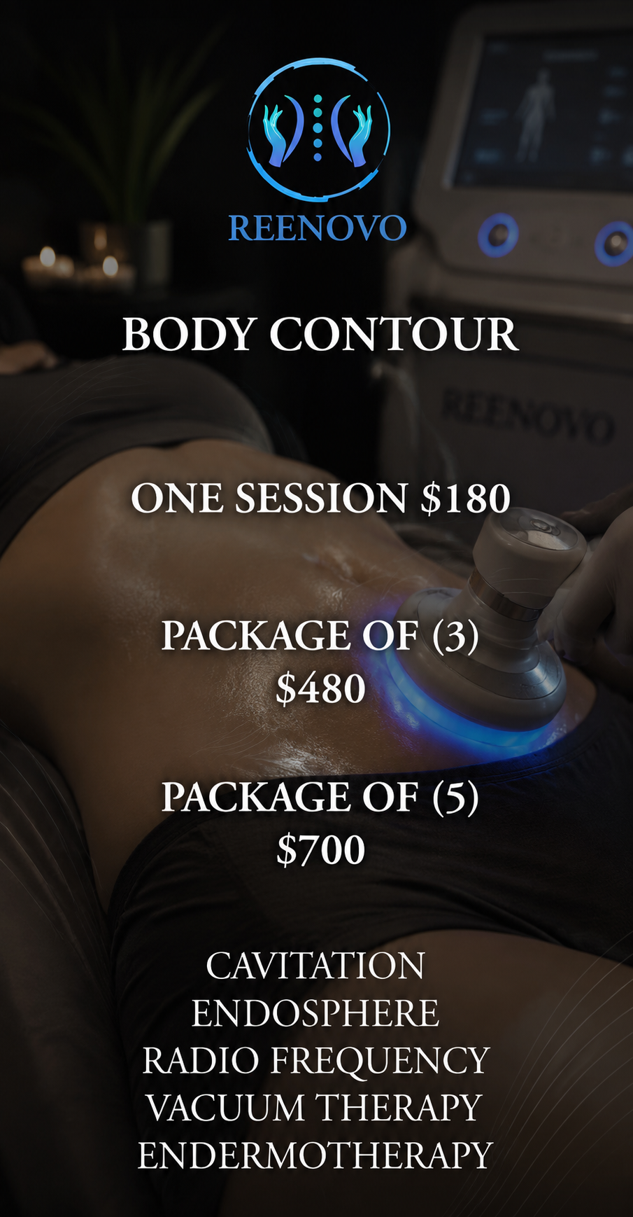 Advertisement for body contouring sessions at ReNovo, showing a person undergoing a treatment with a ultrasound device on their abdomen, with prices listed for individual sessions and packages.
