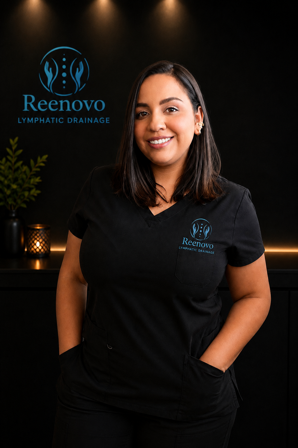 Woman in pink athletic shirt pointing to logo on her shirt that reads 'Reenovo' with a symbol of two hands surrounding a DNA strand.