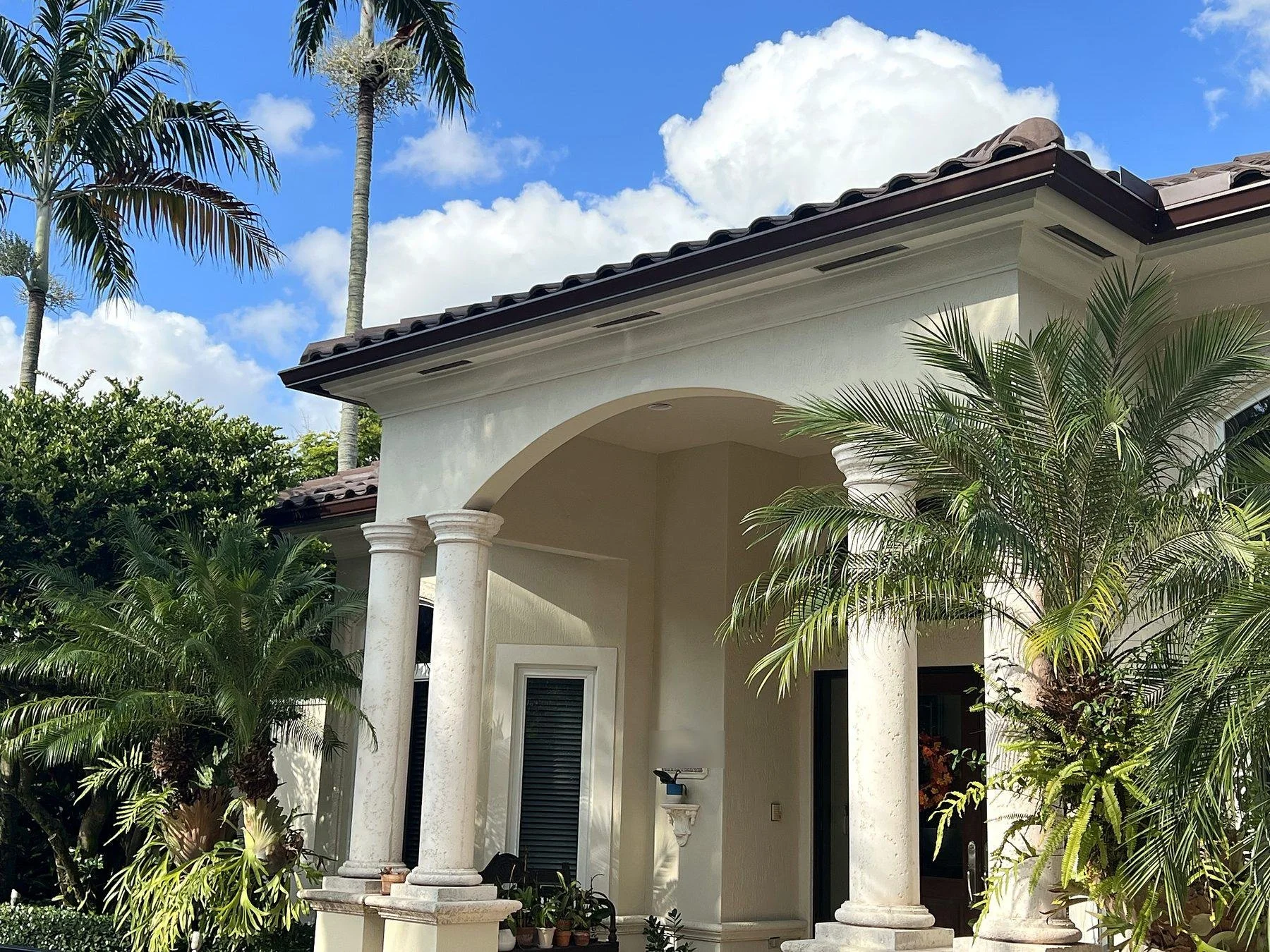 Bronze seamless gutters on a barrel tile roof at a South Miami home with columns and palms