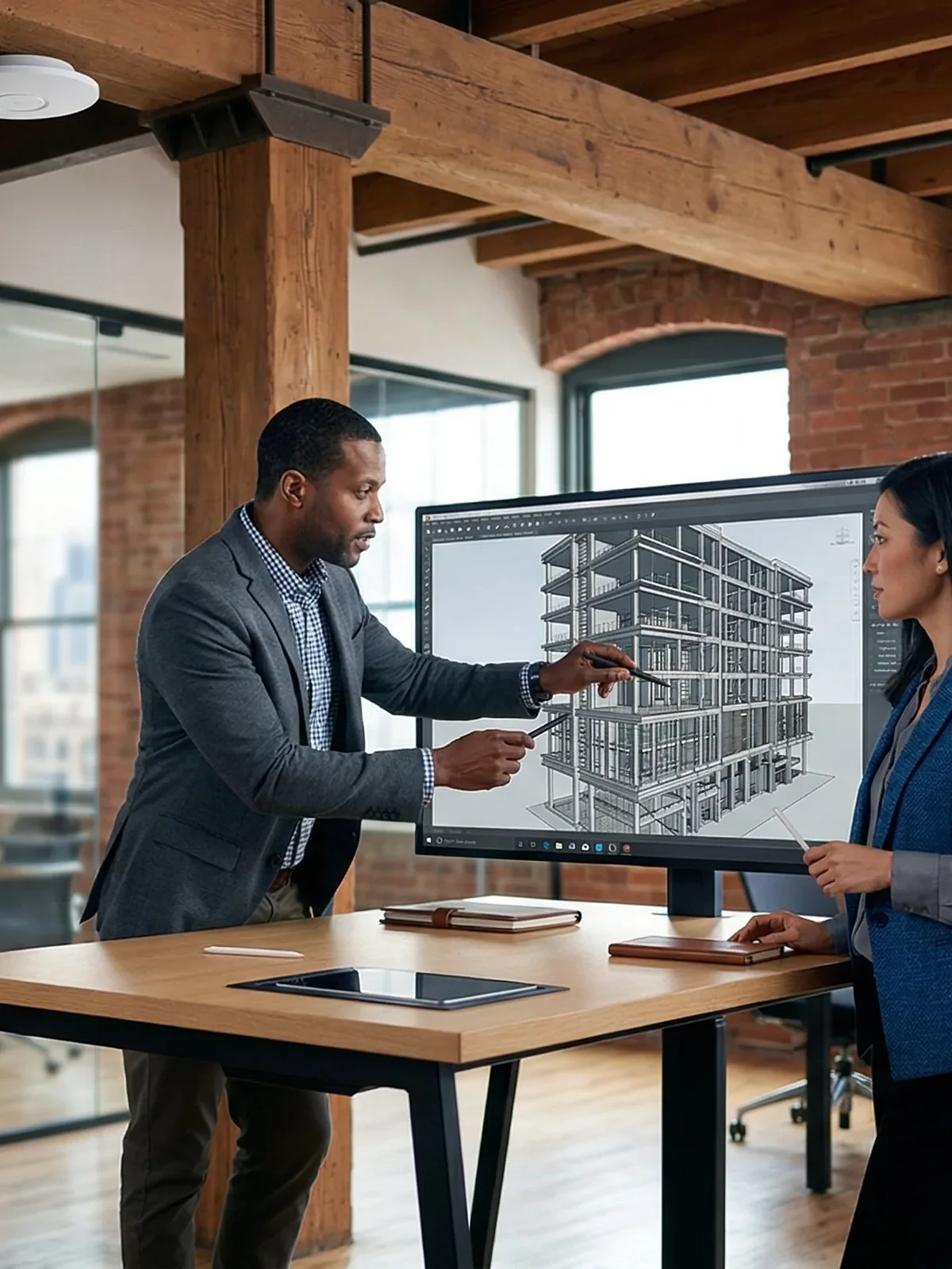 Two professionals reviewing a 3D building model in a modern office