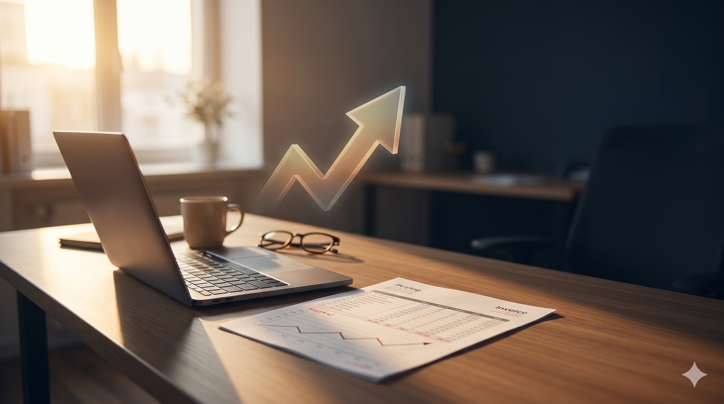 Sunlit desk with laptop, coffee, glasses, and pricing invoice with rising chart — small business reviewing software costs.
