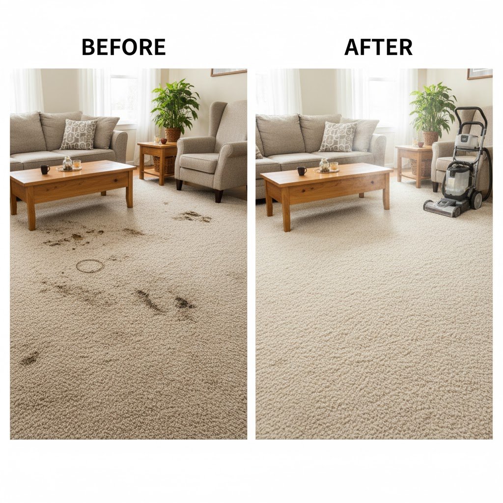 Before and after images of a living room showing the carpet cleaned. The 'before' image has dirt and stains, and the 'after' image shows a clean, stain-free carpet with a vacuum cleaner in the corner.