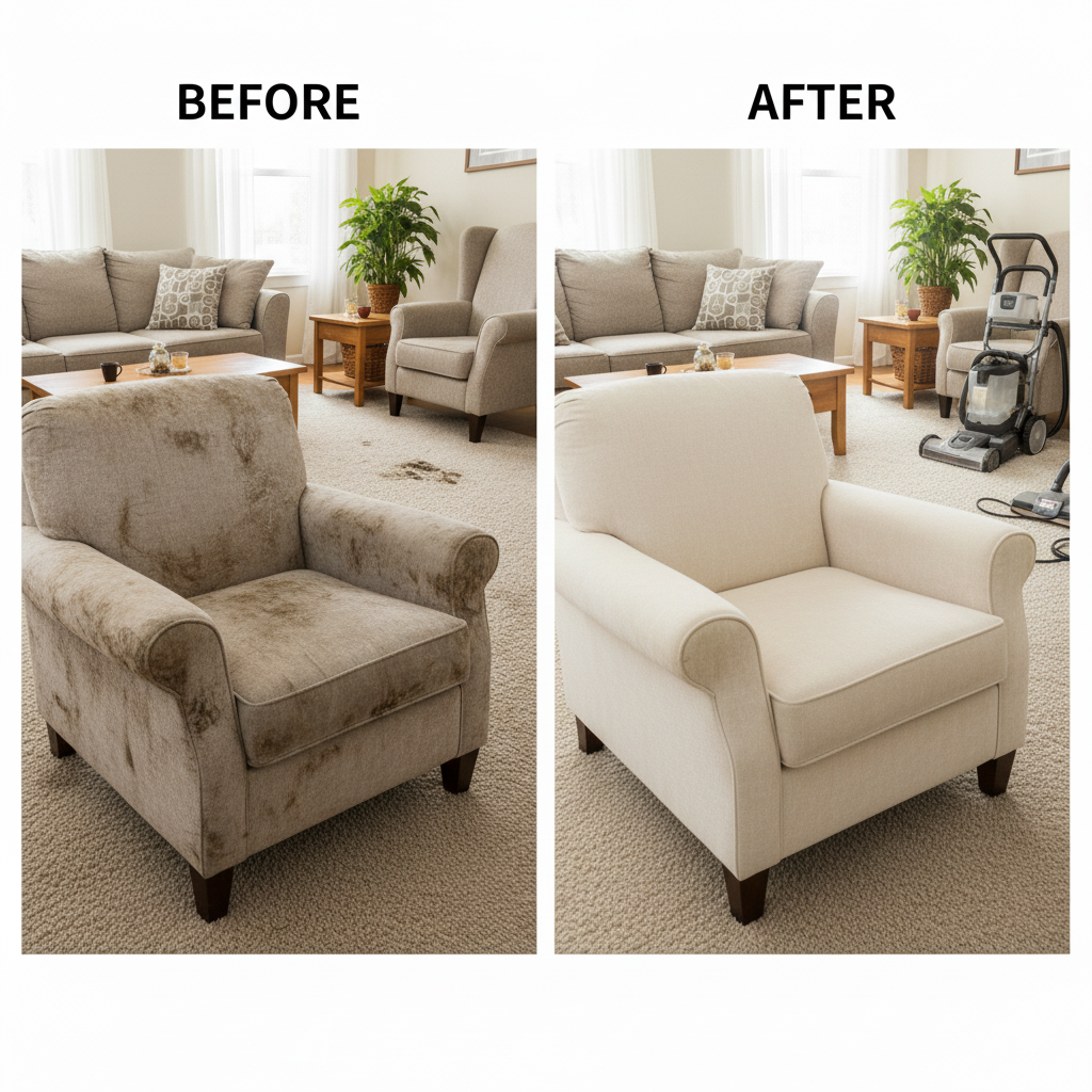 Before and after images showing the sofa in a living room, with the before image featuring a dirty and stained armchair, and the after image showing the same chair cleaned and restored to a pristine condition.