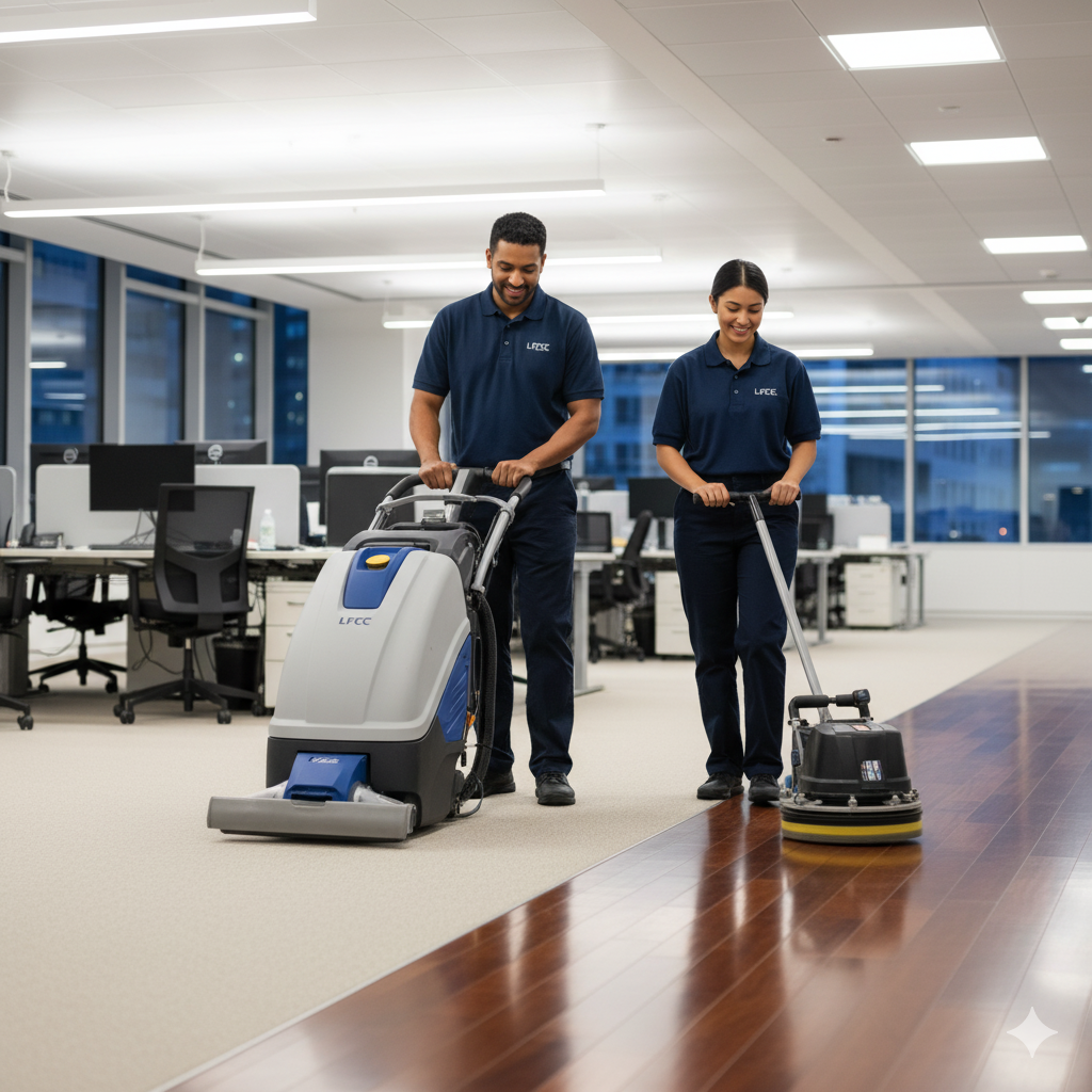 Two cleaning workers in blue uniforms vacuuming an office floor, one using a carpet cleaner and the other using a floor buffer.