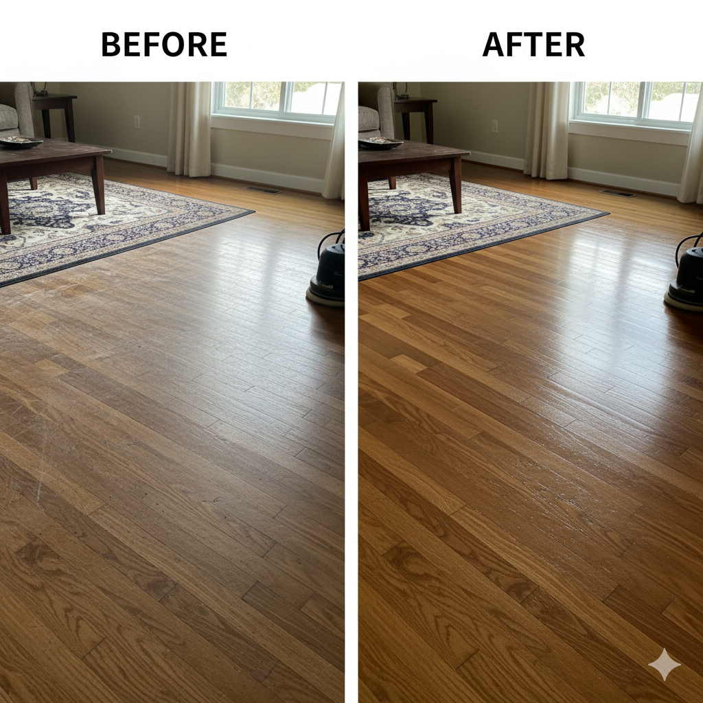 Comparison of a wooden floor before and after cleaning and polishing, with the 'before' side appearing dull and the 'after' side shiny and polished.