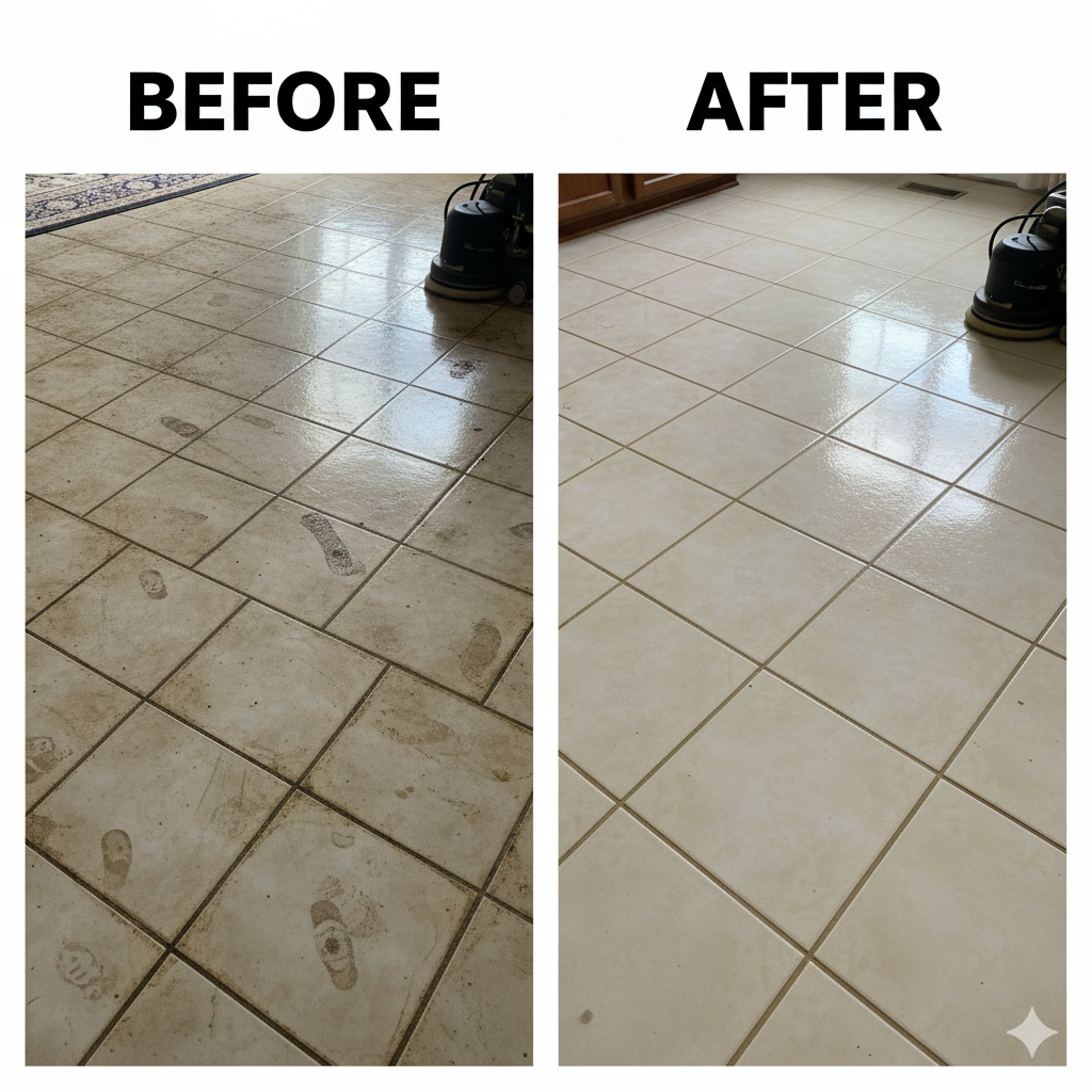 Side-by-side comparison of a tiled floor before and after cleaning. The 'before' side shows dirty tiles with footprints and grout stains; the 'after' side shows clean, shiny tiles with clean grout lines.