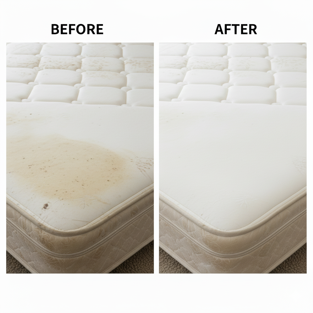 Comparison photo of a mattress, showing a stained and dirty bed on the left labeled 'Before' and a clean, stain-free mattress on the right labeled 'After'.