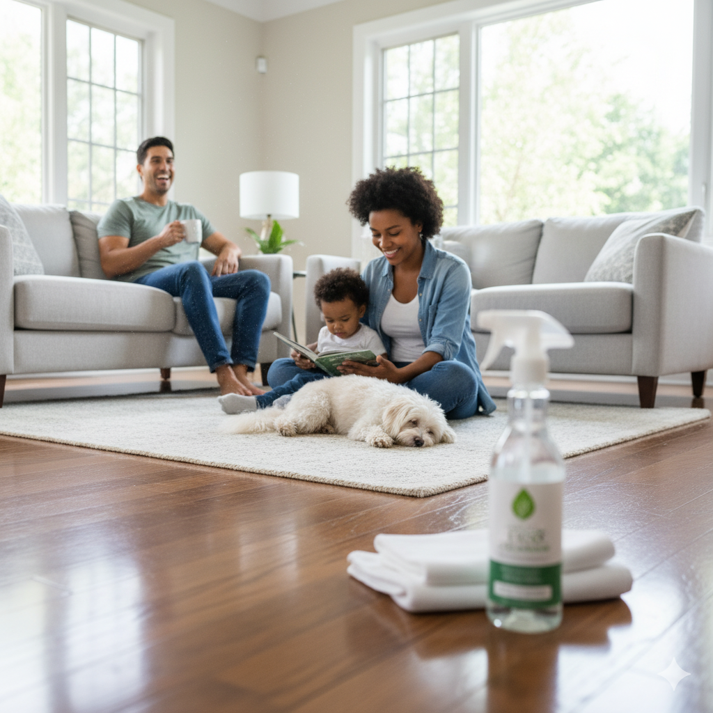 A family in a bright living room, with a woman and a young child sitting on a carpeted floor near a white dog, while a man sits on the sofa holding a mug, and cleaning supplies are visible in the foreground.