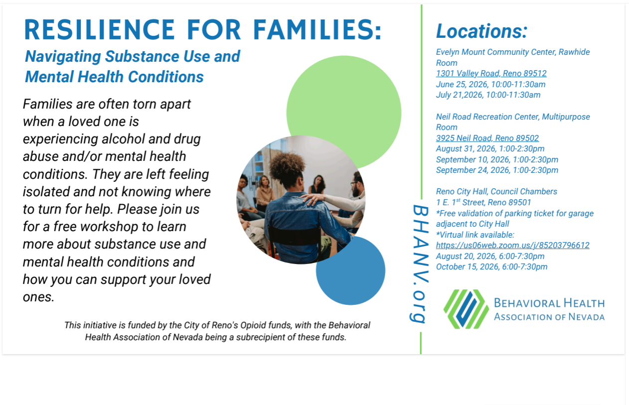 Resilience for Families flyer, green and blue text pluse family photos. Location and dates shared