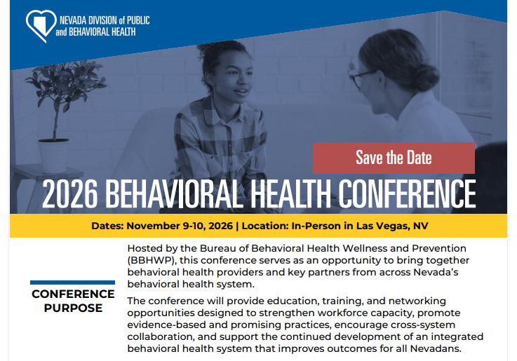 Behavioral health patient with a mental health and counseling professional meeting and conference save the date information for 2026 Behavior Health conference