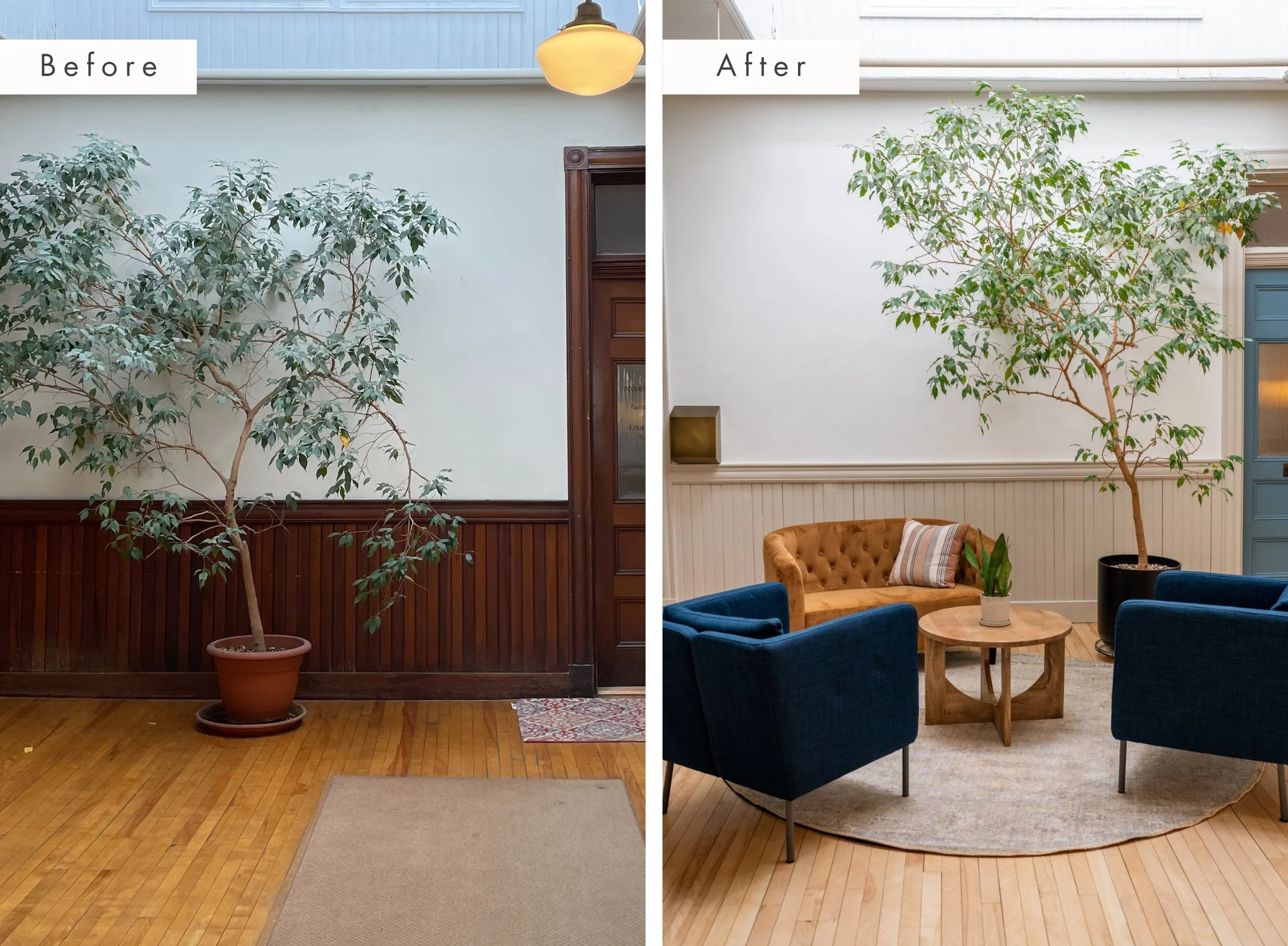 before and after images of a lobby in brunswick maine historical building