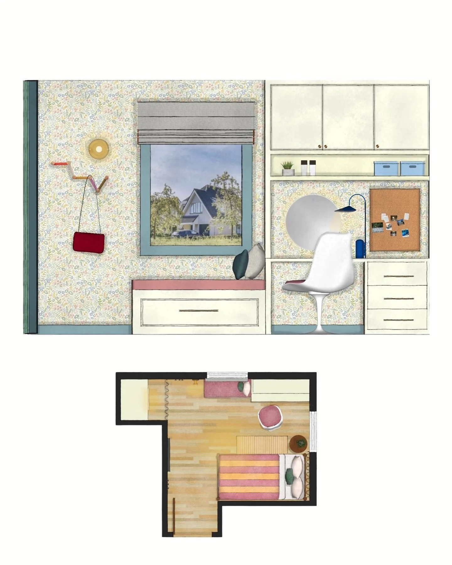 Design Concept for a small, girl&rsquo;s bedroom designed to optimize space.  Cozy window seat and built in desk/vanity features a mirror with light (as requested by the 10-year old). The star of the show is the kid-approved design icon - a vintage S