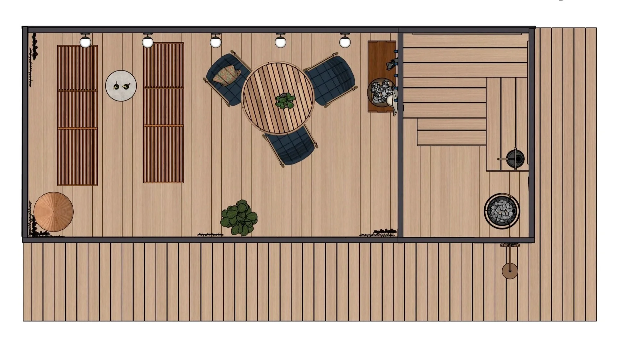 Top-down view of a wooden outdoor deck with lounge chairs, a small round table, a plant, a kitchenette with a sink, a firepit, and a hanging light