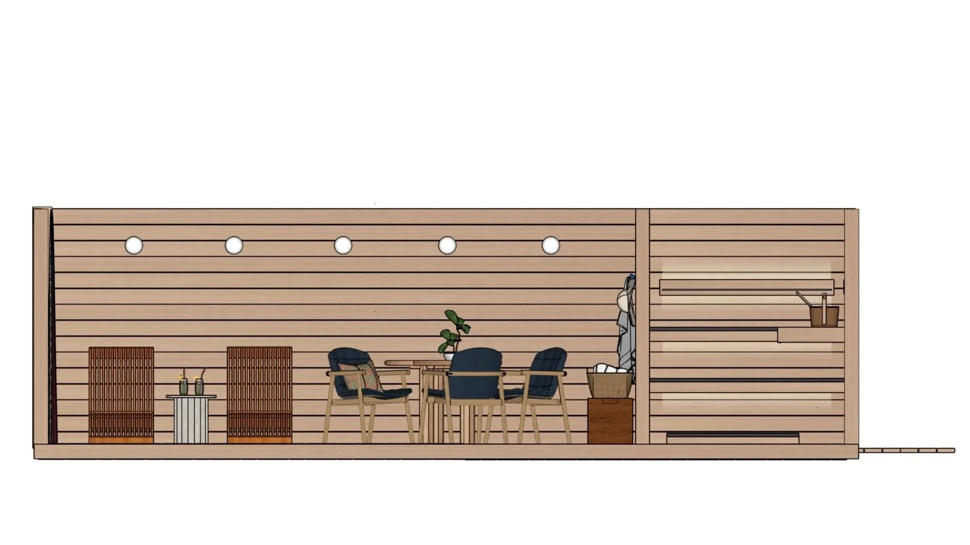 Front view of a scandinavian sauna house with a wooden walls, a table with four chairs, a small side table with two drinks, a plant, and bench and towel hooks.