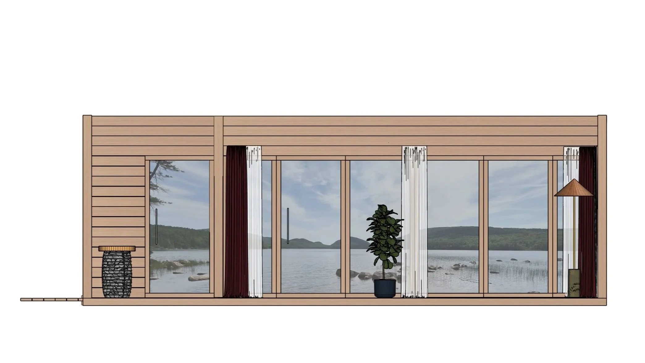 Digital illustration of a modern lakeside room with large glass sliding doors, wooden frame, curtains, indoor plants, and decorative lamps, overlooking a scenic lake with mountains in the background.