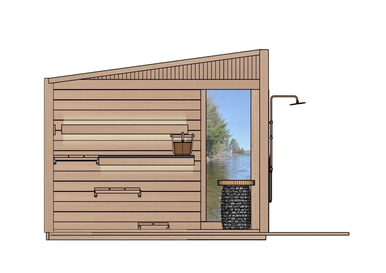 Elevation of a sauna with a wooden interior, a large window, an outdoor shower, and a view of trees and water in the background.