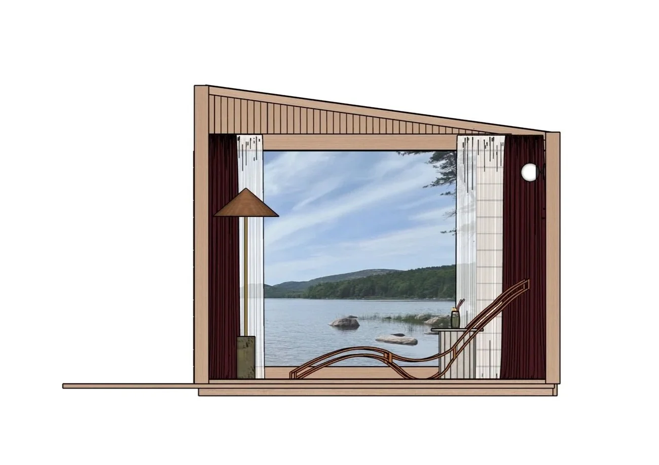 A modern interior design with a large window overlooking a lake and mountains, featuring a lounge chair, side table, floating bottle with a straw, and a floor lamp.