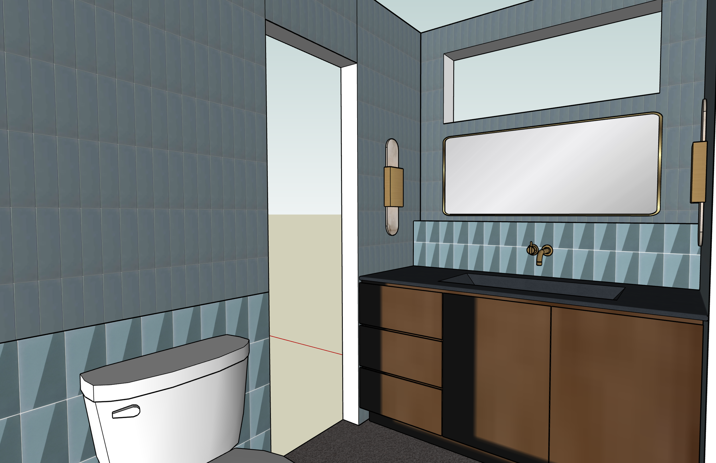 A modern bathroom with blue tiled walls, a white toilet, a large rectangular mirror, a wooden vanity with black countertop and a built-in sink, and two light fixtures next to the mirror.