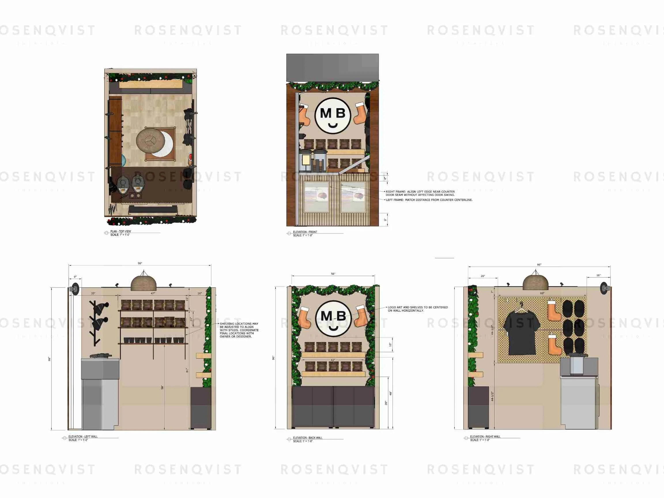 Floor plan and elevation drawings of a vendor market booth, including interior layout, shelves, seating area, and signage.