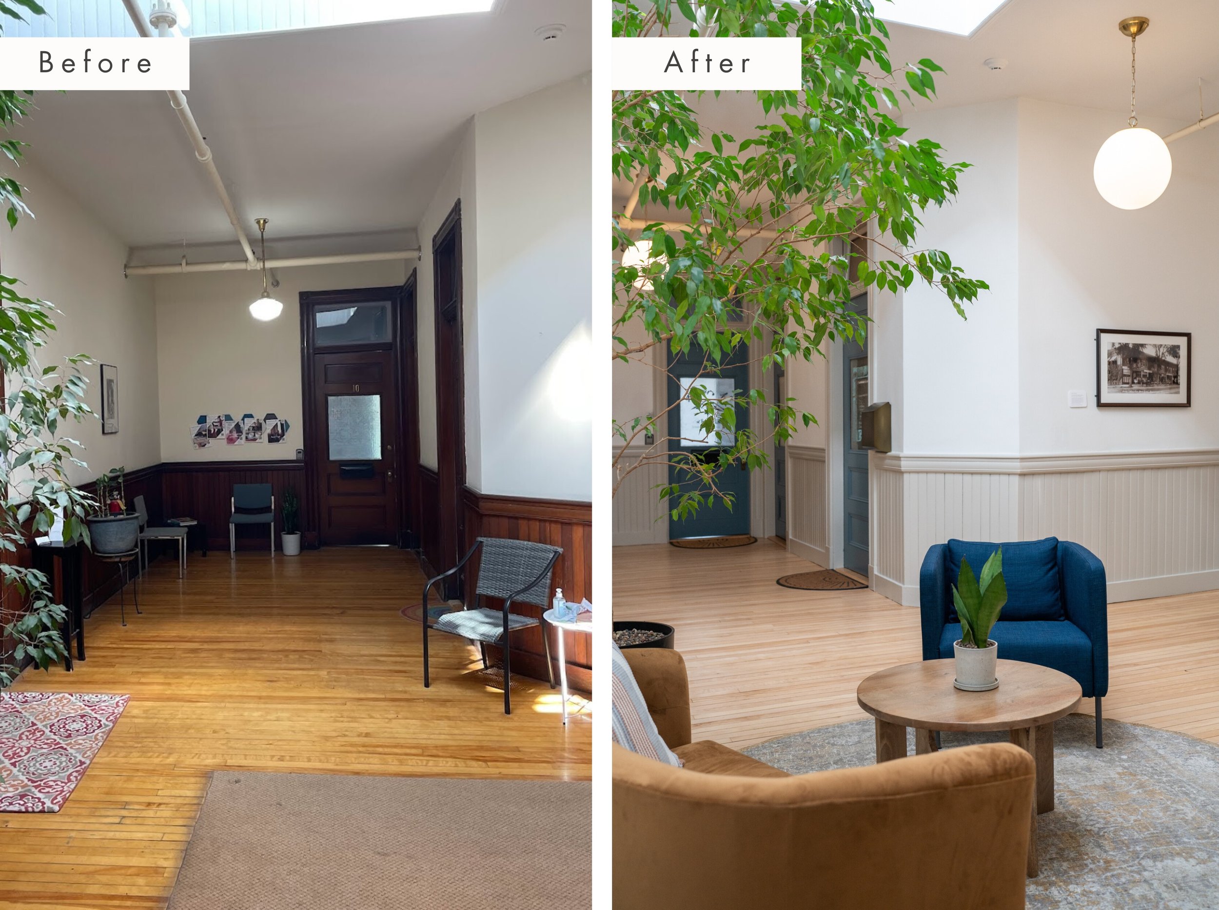 seating area in lobby redesigned under skylight in office building in maine
