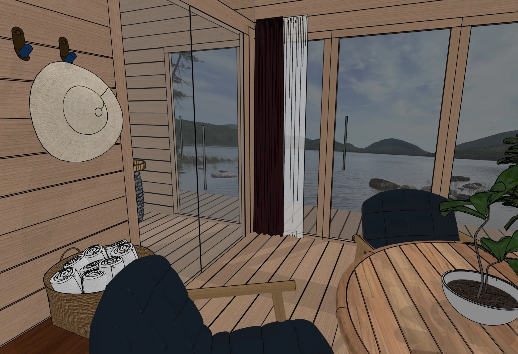 Digital illustration of a cozy lakeside cabin interior with wooden walls and flooring, overlooking a lake and mountains. The room includes a round wooden table with a potted plant, a dark blue armchair, a woven basket with rolled-up towels, a wall decor of a circular woven piece, and glass sliding doors with red and white curtains.
