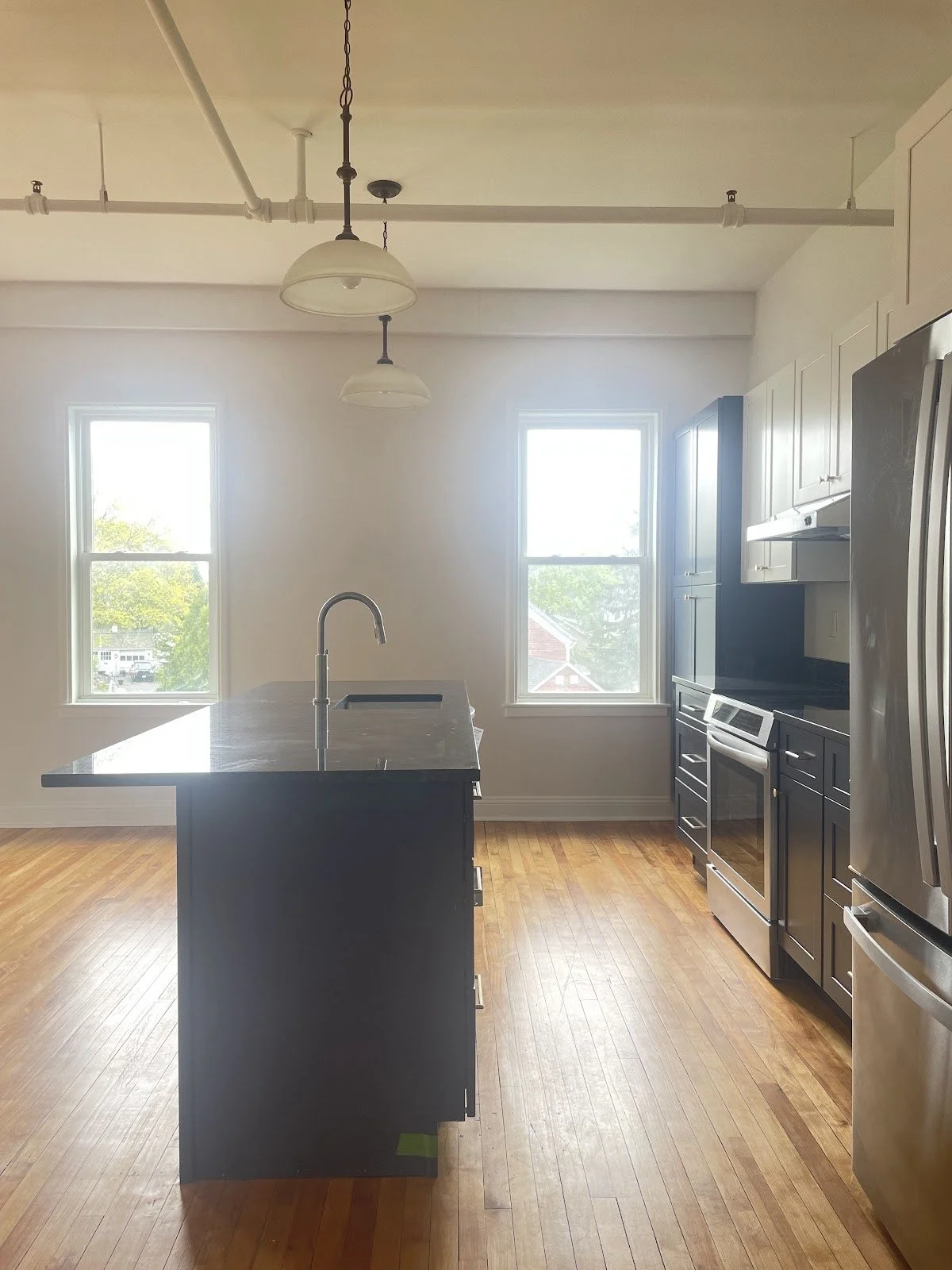 Modern kitchen with black cabinets, a kitchen island with a sink, stainless steel appliances, two windows, hardwood floors, and ceiling lights.