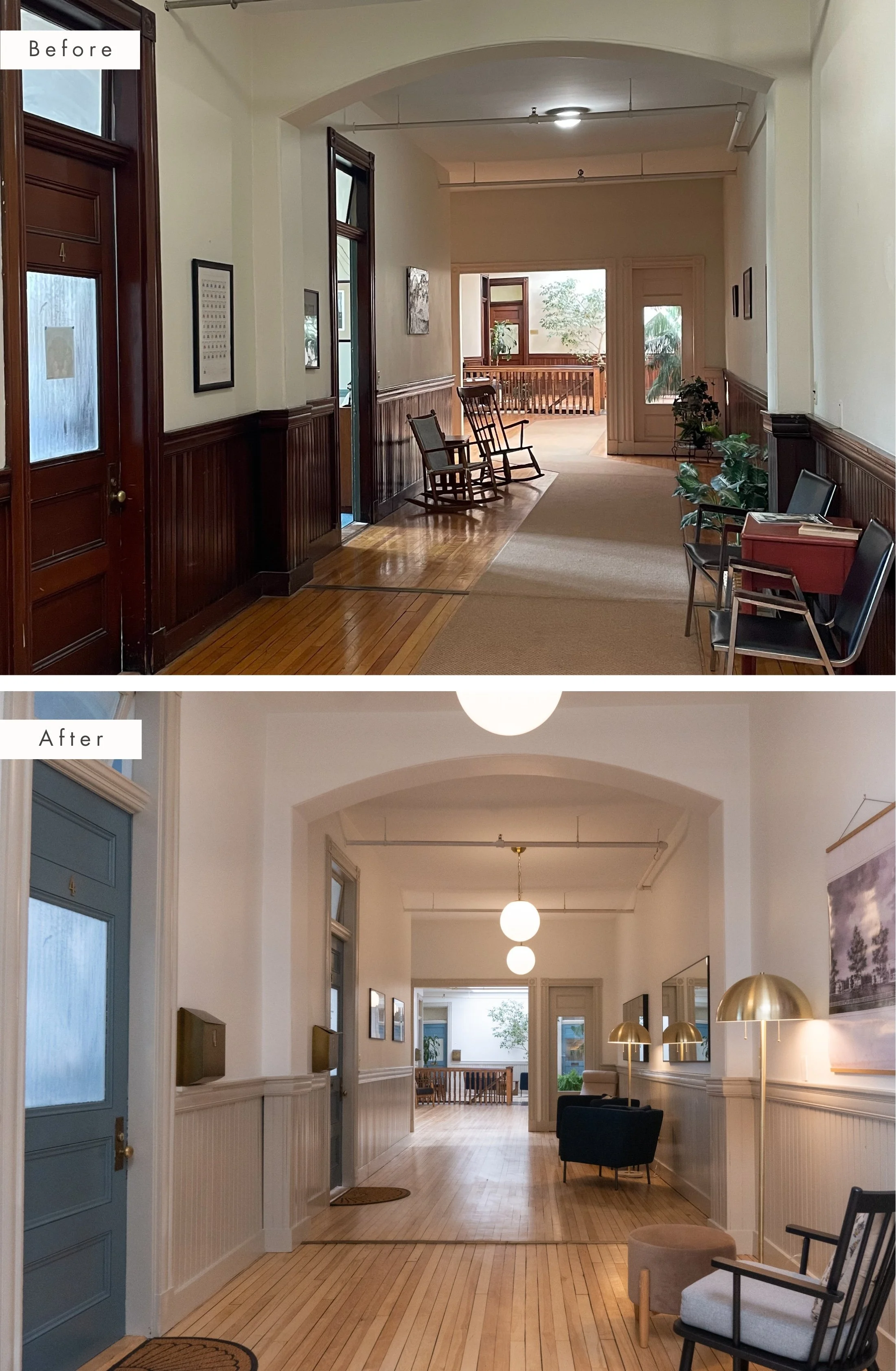 before and after images of corridor in office building on main street in brunswick maine