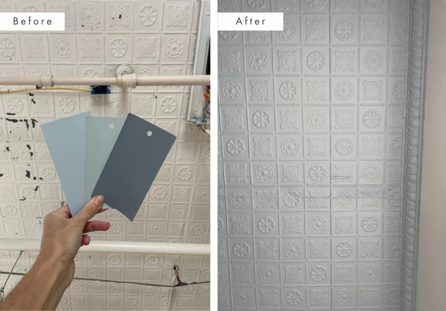 Comparison of a ceiling with decorative tiles before and after cleaning or renovation. The 'Before' side shows tiles with black stains and dirt near a pipe, while the 'After' side displays a clean, bright tiled ceiling with a detailed pattern.