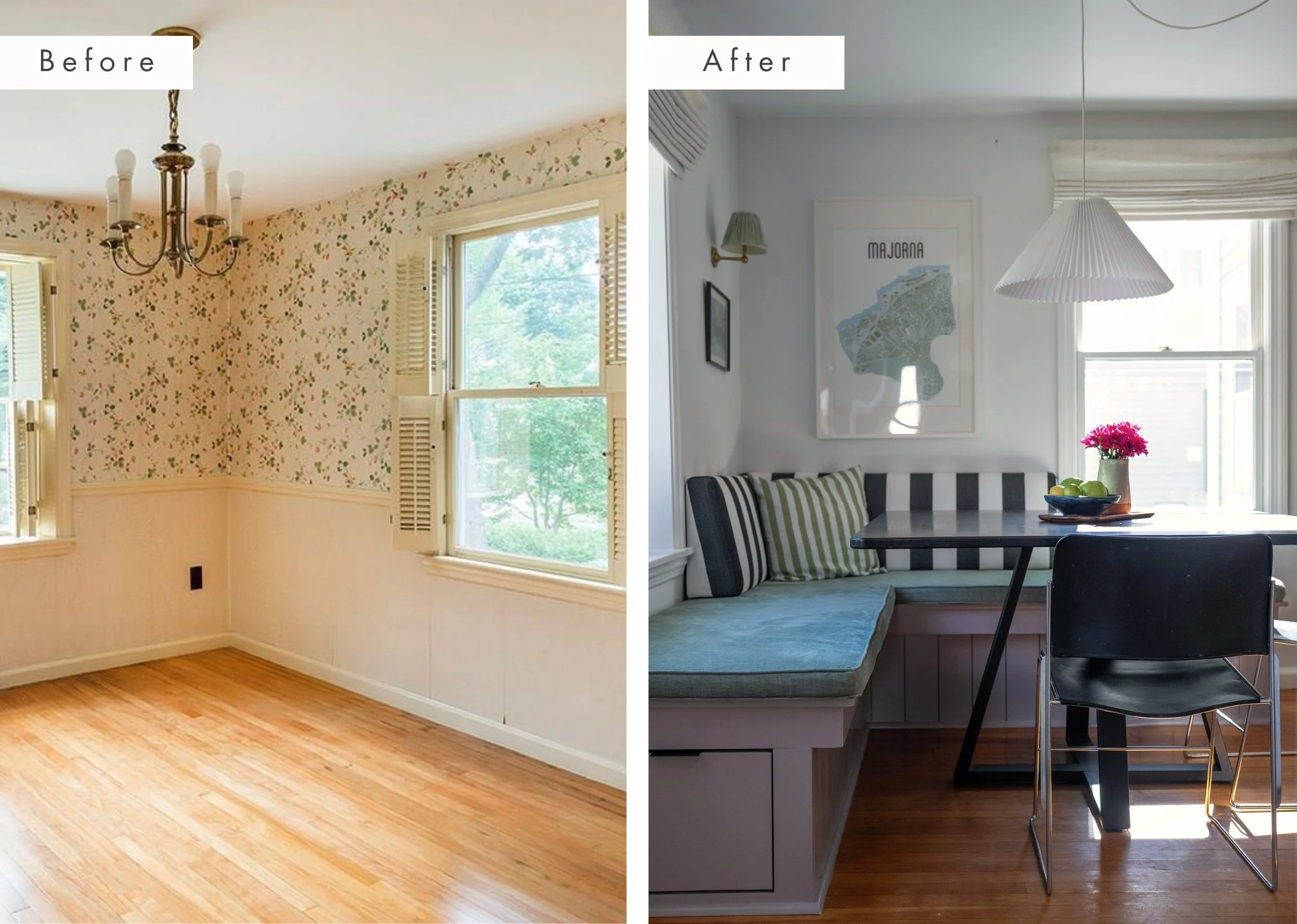 Before and after images of a dining room in cape cod style house in portland maine