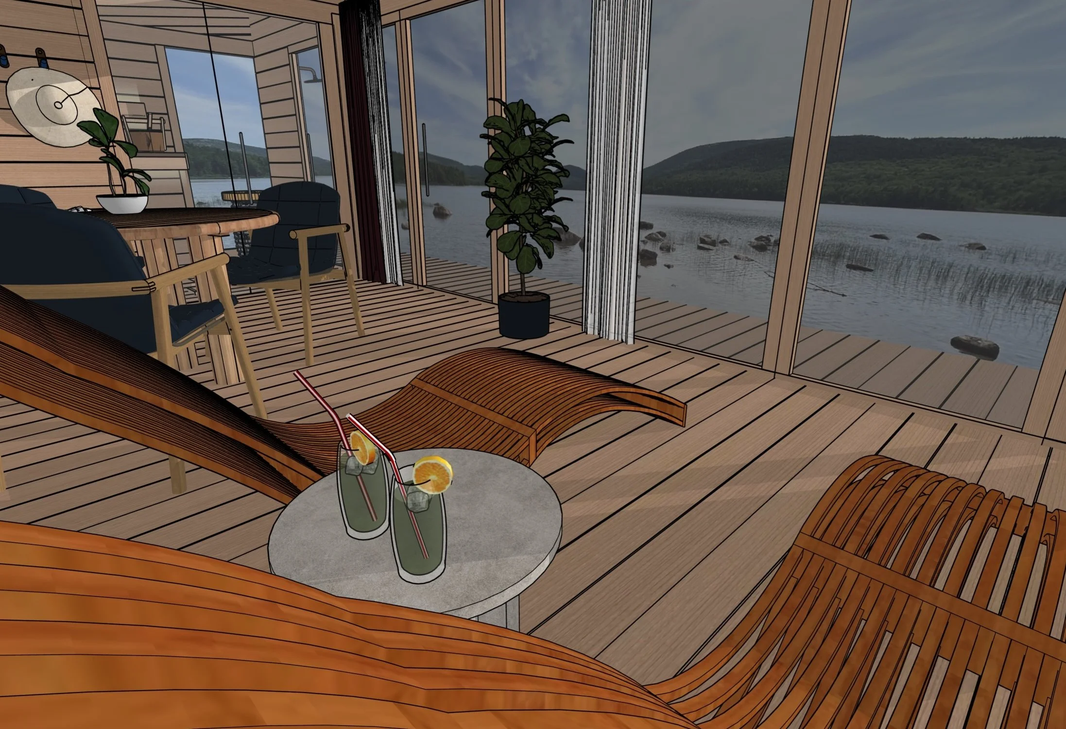 Interior of a lakeside cabin with wooden flooring, a round table with two drinks, a lounge chair, a potted plant, large glass windows offering a view of the lake and mountains outside.