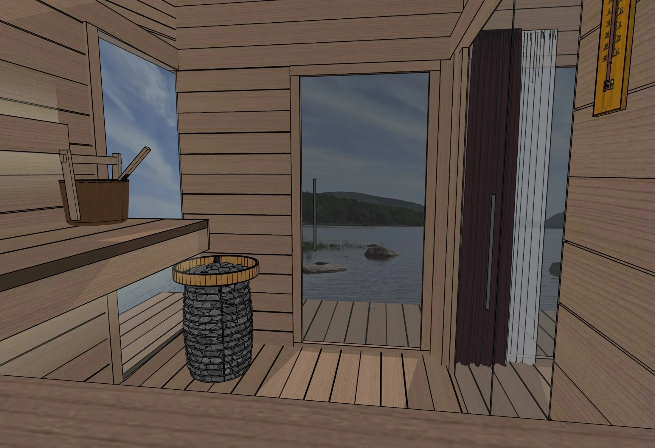 Interior view of a wooden sauna with a view of a lake and mountains outside through large glass windows and door. The sauna includes a bucket with a ladle on a bench and a basket filled with stones, possibly for a heater.