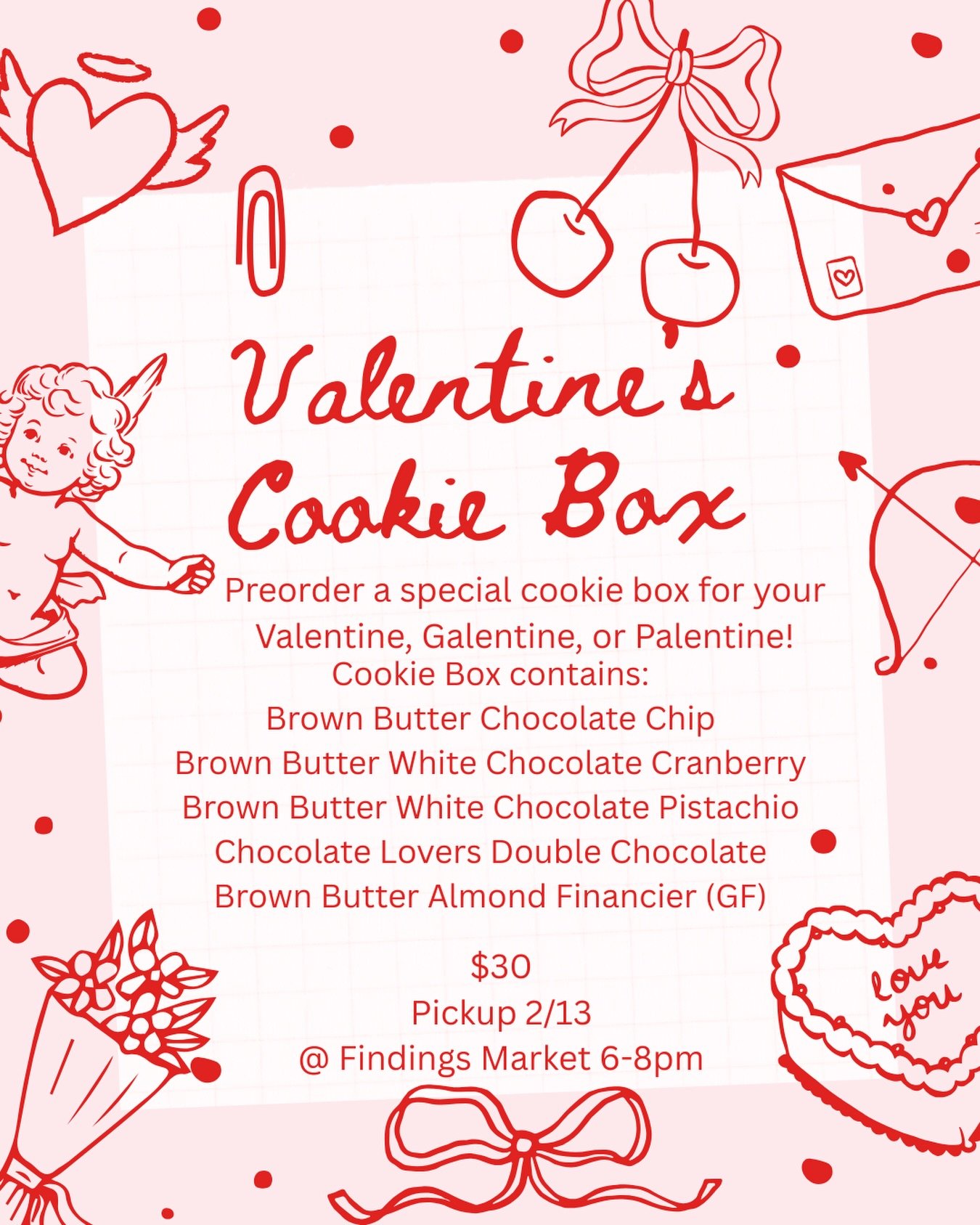 A short and sweet Cookie Box Preorder! Grab your cookie box now for pickup on 2/13 at @findingsmarket from 6pm-8pm, during their Galentine&rsquo;s Party! 

But hurry, limited quantity and we will be shutting down preorders 2/11 at 8pm! 🖤❤️🖤&hearts;