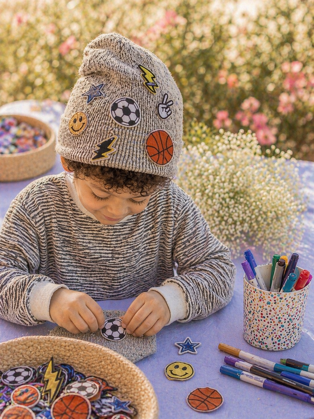 A young child wearing a gray beanie decorated with patches of sports balls, stickers, and symbols, and a striped shirt, with the words 'Hat Patching Workshop' overlaid on the image.