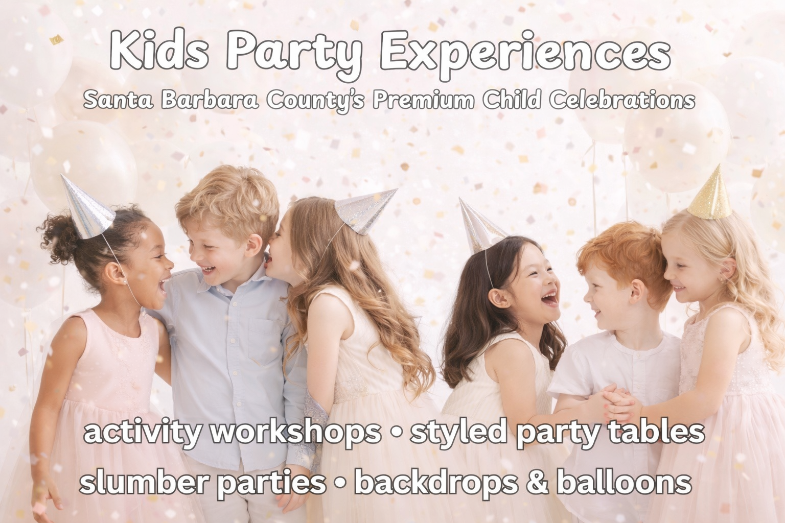 Group of six children at a kids' party wearing party hats, smiling and laughing, with balloons and confetti in the background.