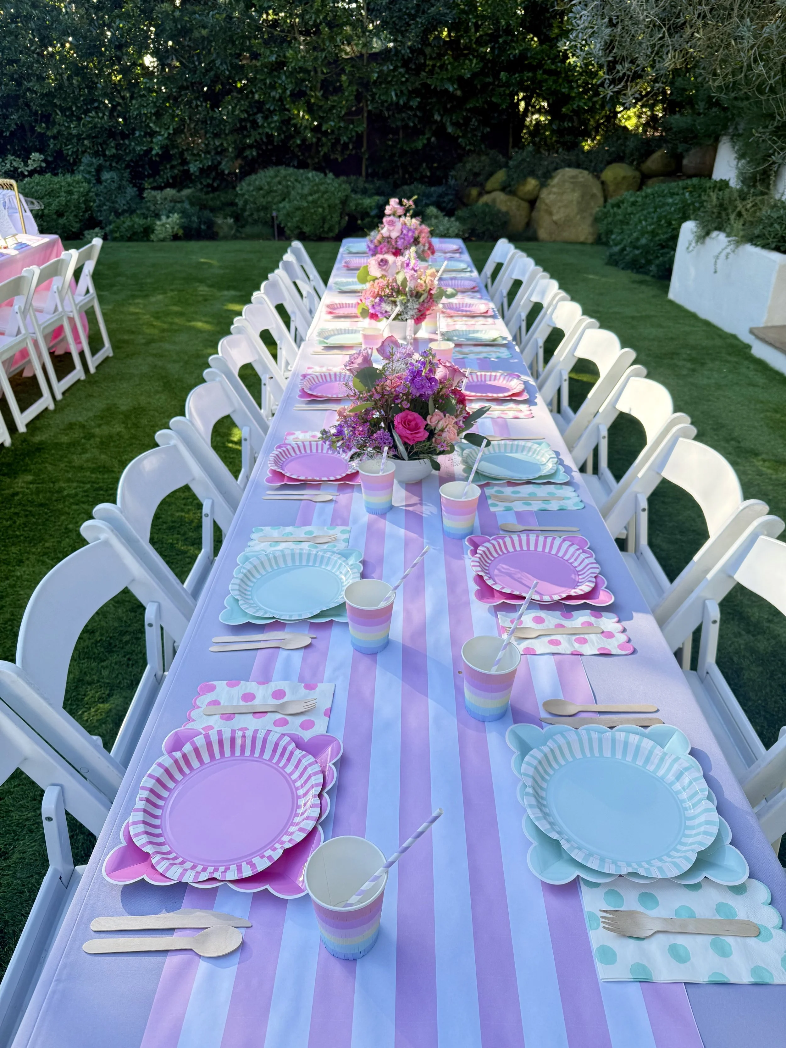 Long table set for a party with pink and blue striped tablecloth, paper plates, cups, and utensils, and floral centerpieces, outdoors on a grassy yard with trees and rocks in the background.