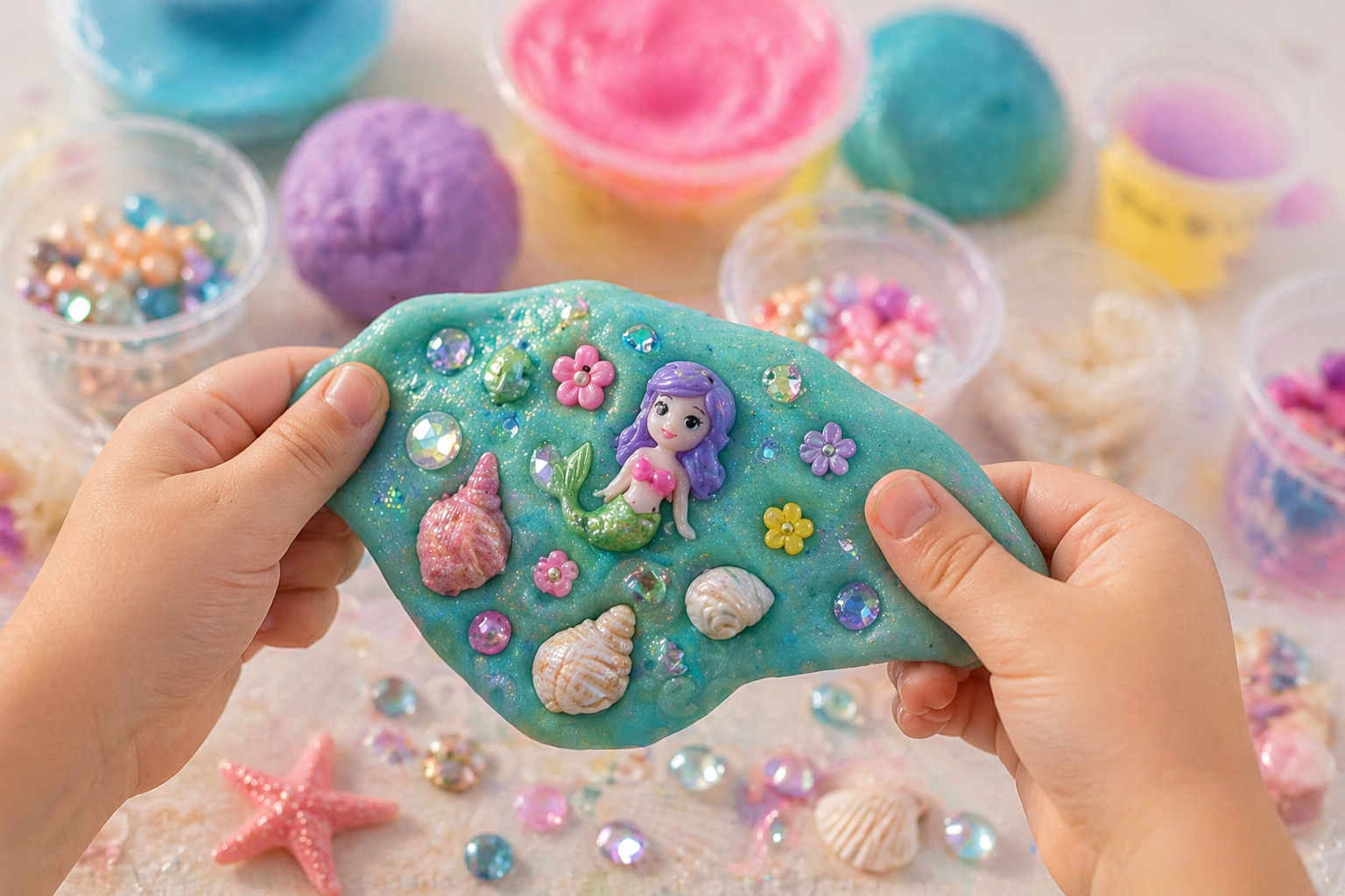 Child holding up two pieces of pink, textured slime in front of face, with text promoting a sensory workshop offering slime making or sand art activities.