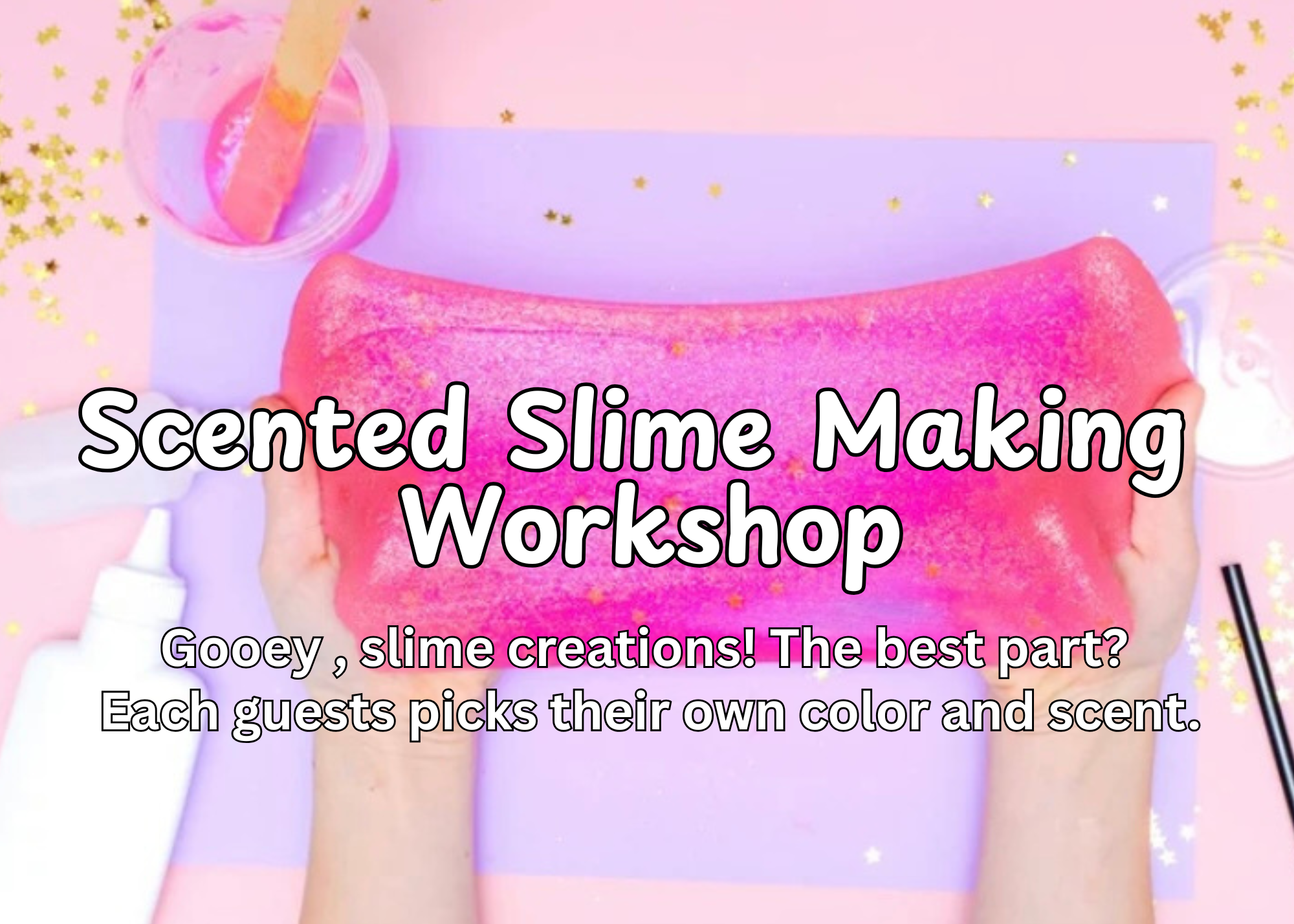 Soft plush animal toys, including a dog and a bear, on a table in front of a snowy background, with overlay text promoting an adoption pet workshop.