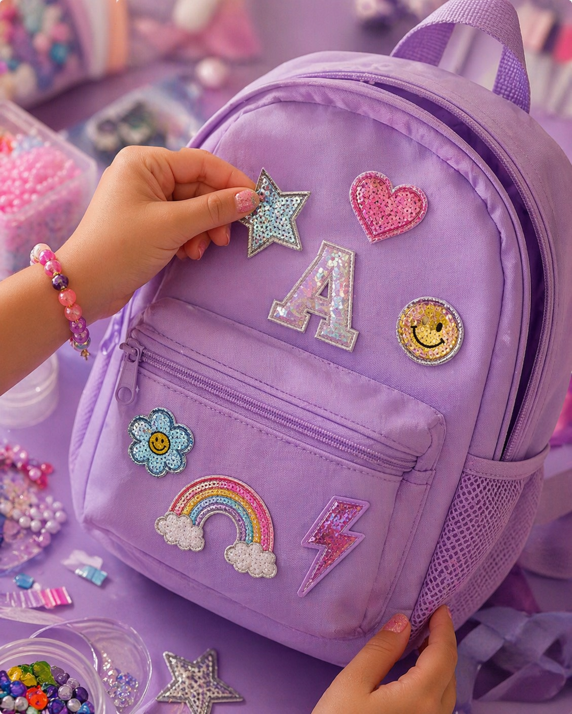Light blue slumber party duffle bag with black handles and zippers, text overlay promoting a slumber party workshop for decorating the bag with patches, pins, and more.