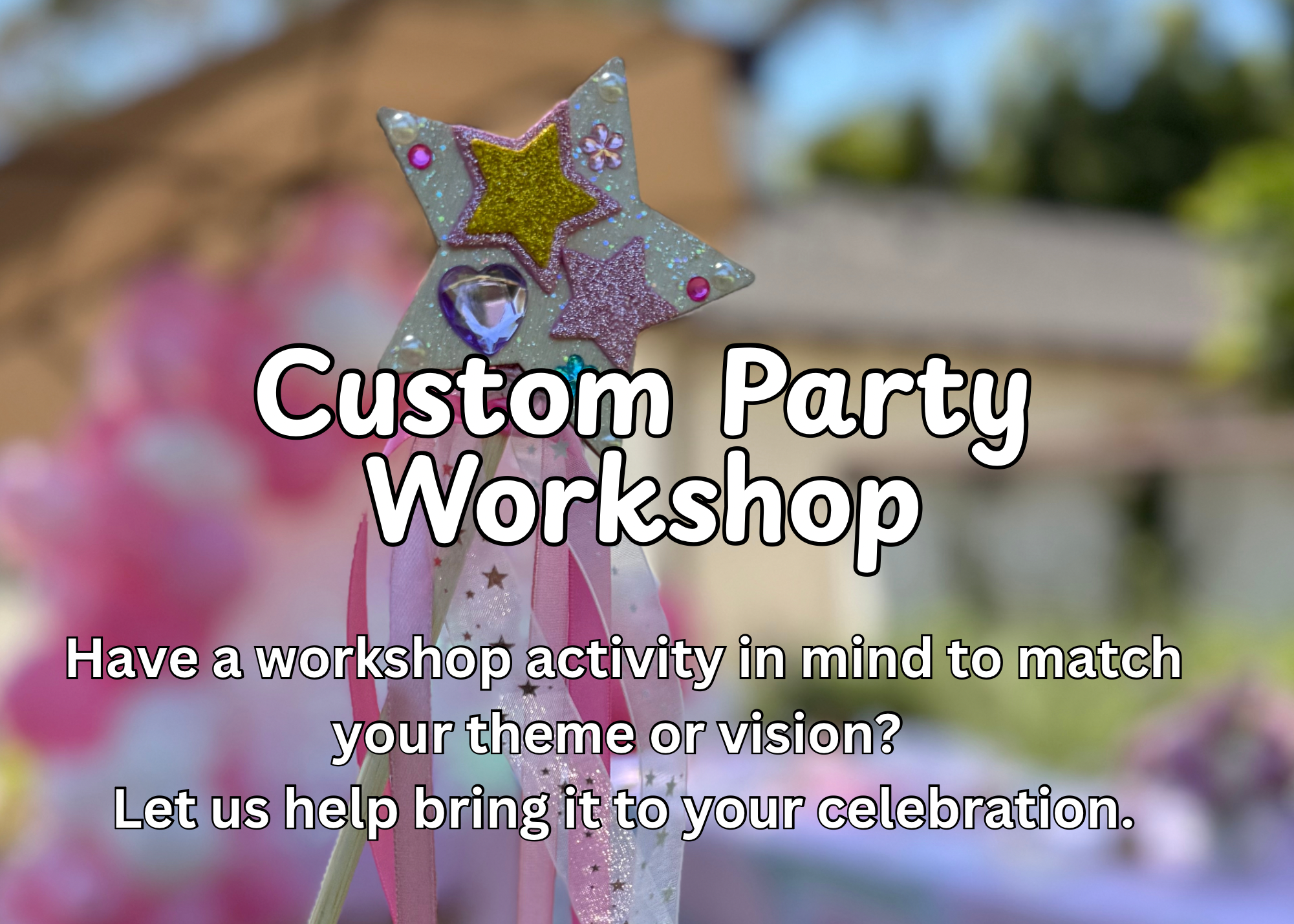 A colorful, glittery star-shaped decoration with smaller stars and hearts attached, decorated with ribbons and embellishments, set outdoors with trees and a building in the background.