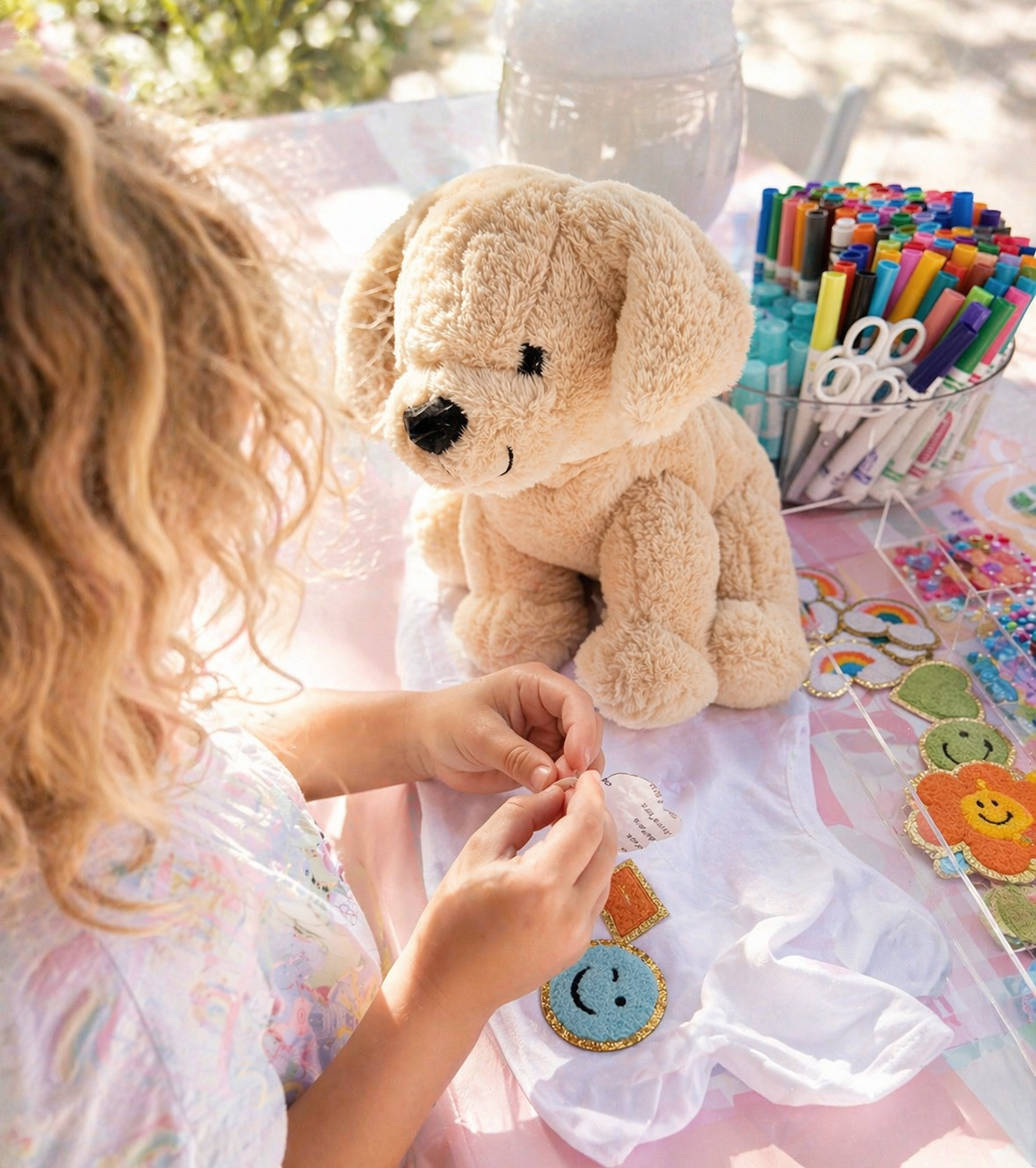 A child is decorating a denim jacket with pink heart, rainbow, and flower patches.