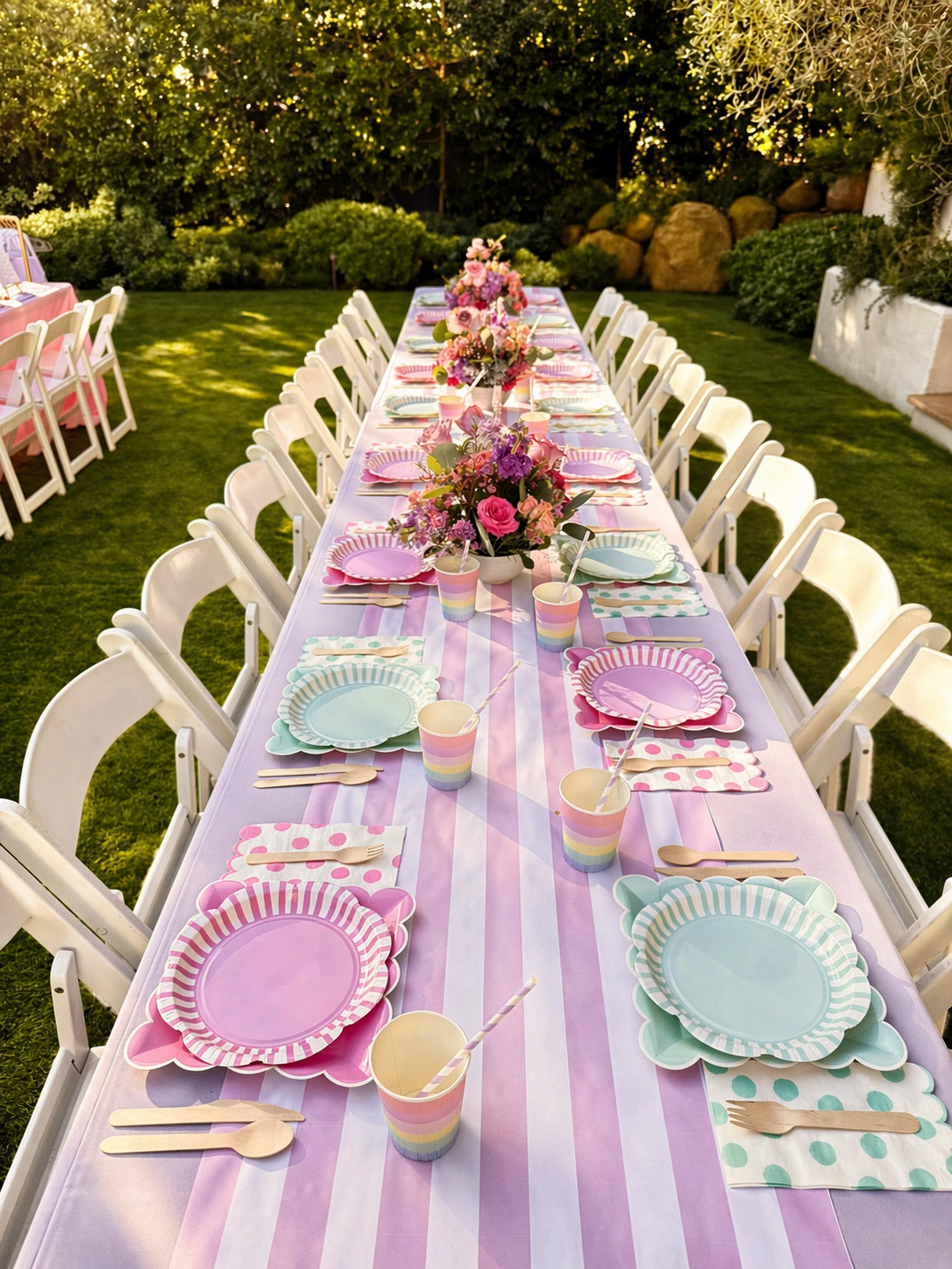 Outdoor party setup featuring a long table with pink tablecloths, decorated with strawberry-themed plates, cups, and napkins, surrounded by white chairs. At the end of the table, there is a backdrop made of pink and red balloons shaped like strawberries, situated among green trees.